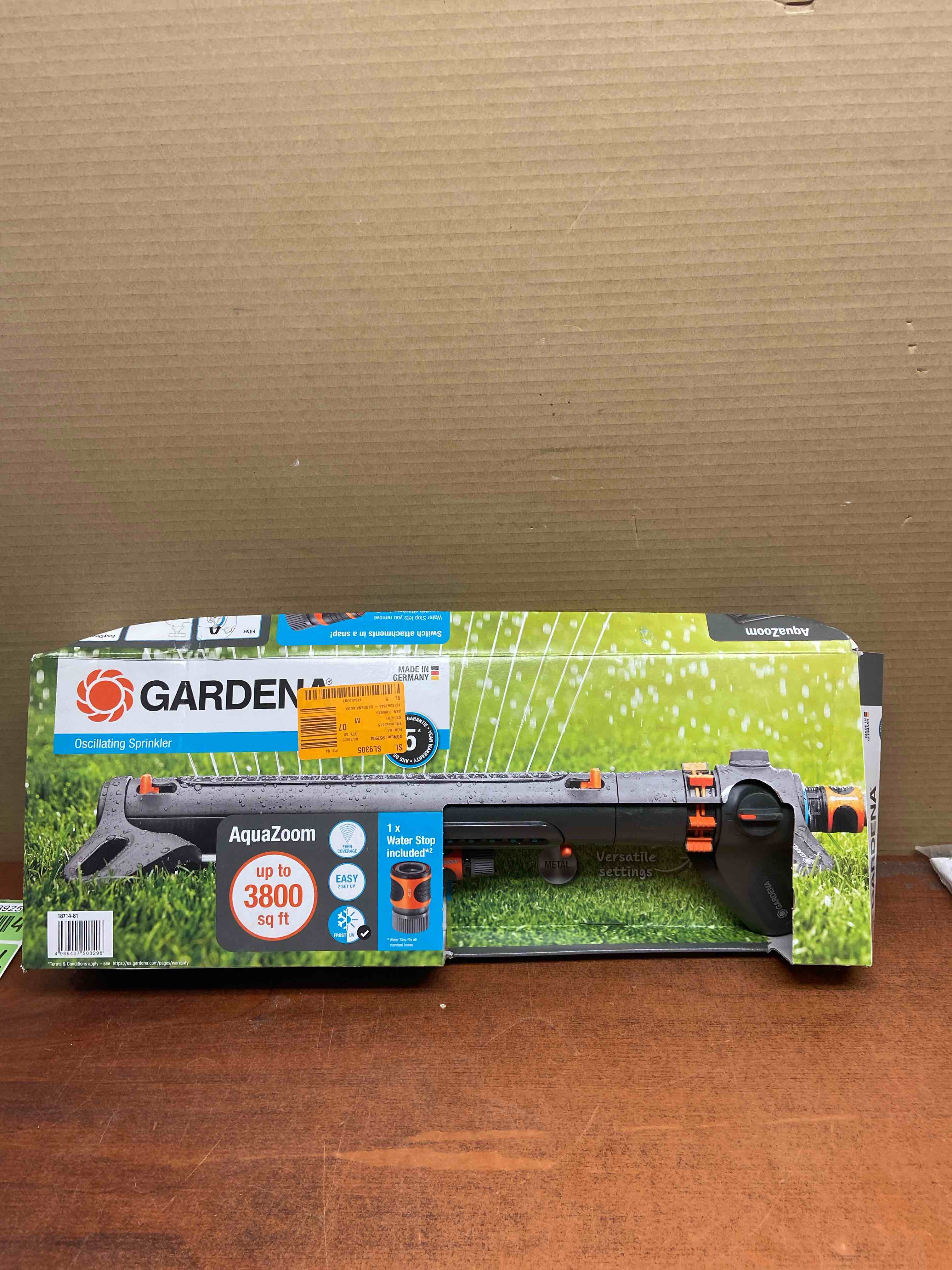 Condition photo showing New/Like New for 3-adjustment 3800 sq. ft. aquazoom oscillating sprinkler for even flow