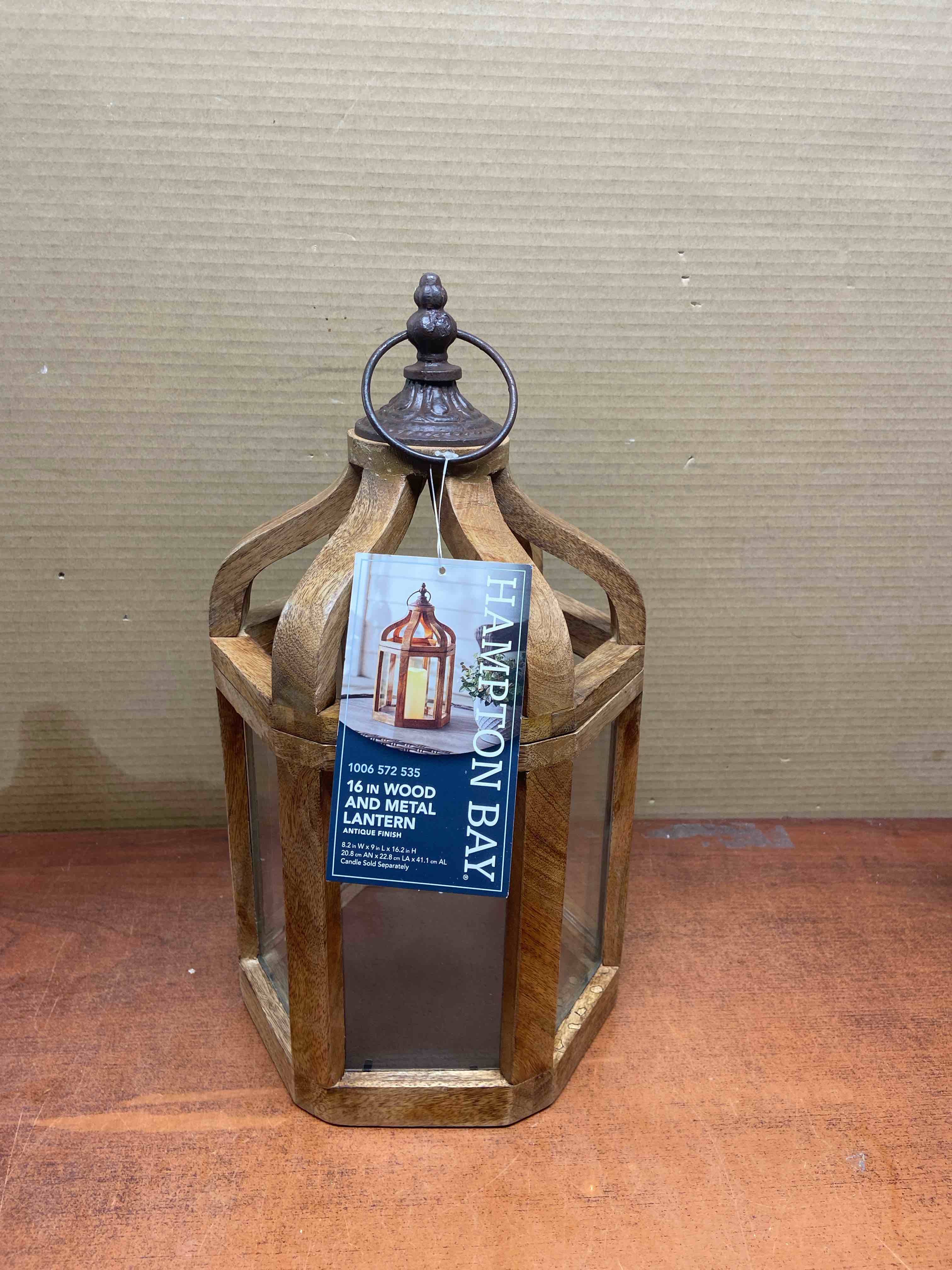 Brown Small Wood Lantern with Metal Top