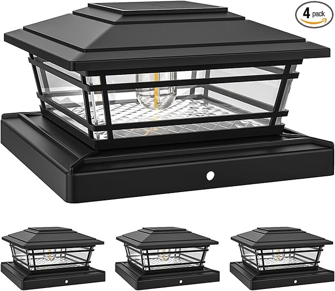 APONUO 4x4 Post Solar Lights, 4 Pack Solar Post Cap Lights - Adjustable Brightness Warm White, IP64 Waterproof, Vintage Edison Bulb - Fits 4x4 5x5 6x6 Wood Vinyl Fence & Deck Posts - 