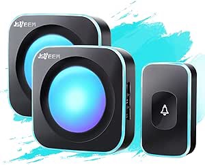Wireless Doorbell JSIEEM 1200 feet Waterproof Door Bells & Chimes Wireless with Flash LED Light 36 Melodies 4 Volume Levels for Home Office (2 Receivers& 1 Touch Button, Black)