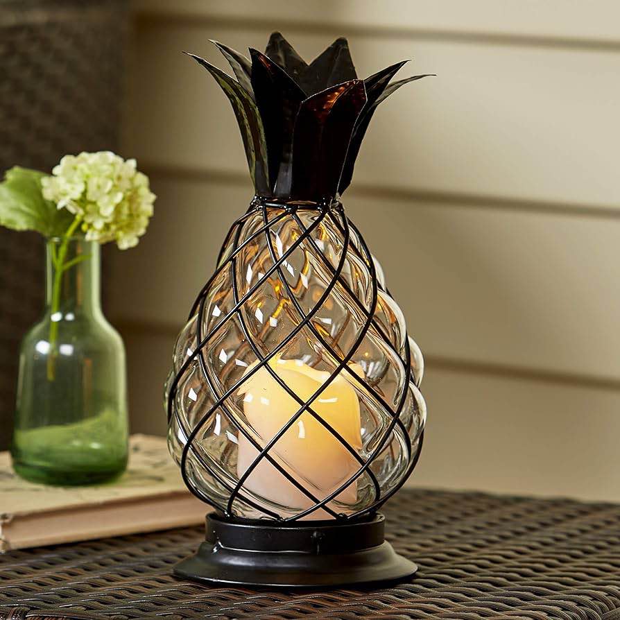 12.5 in. Aged Bronze Outdoor Patio LED Candle Pineapple Lantern