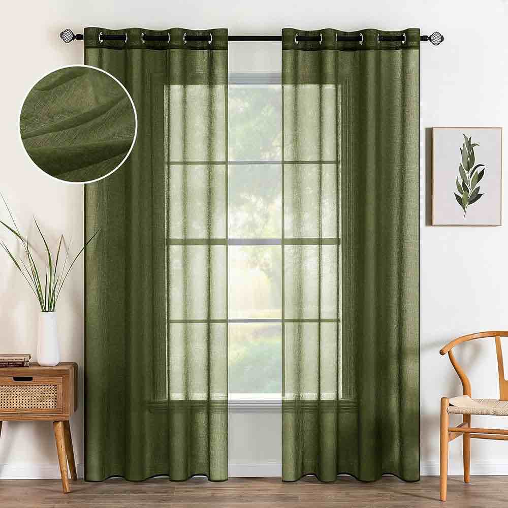 MIULEE 2 Panels Olive Green Semi Sheer Window Curtains Elegant Grommet Top Window Voile Panels/Drapes/Treatment Linen Textured Dark Green Panels for Bedroom Living Room (54X84 Inches)