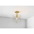 Hampton Bay Winfield 9.5 in. 1-Light Gold Semi-Flush Mount Ceiling Light Fixture with Geometric Cage