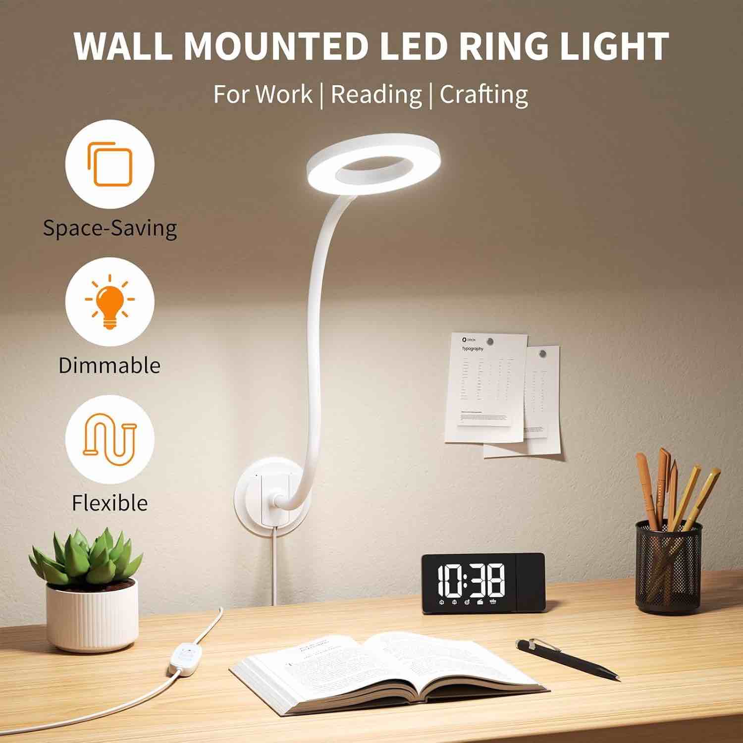 Wall Mounted Reading Light, Book Light in Bed at Night, Reading Lamp for Bedroom Bedside Headboard, Eye Care 5 Color & Brightness Adjustable, 360 Flexible Gooseneck, White