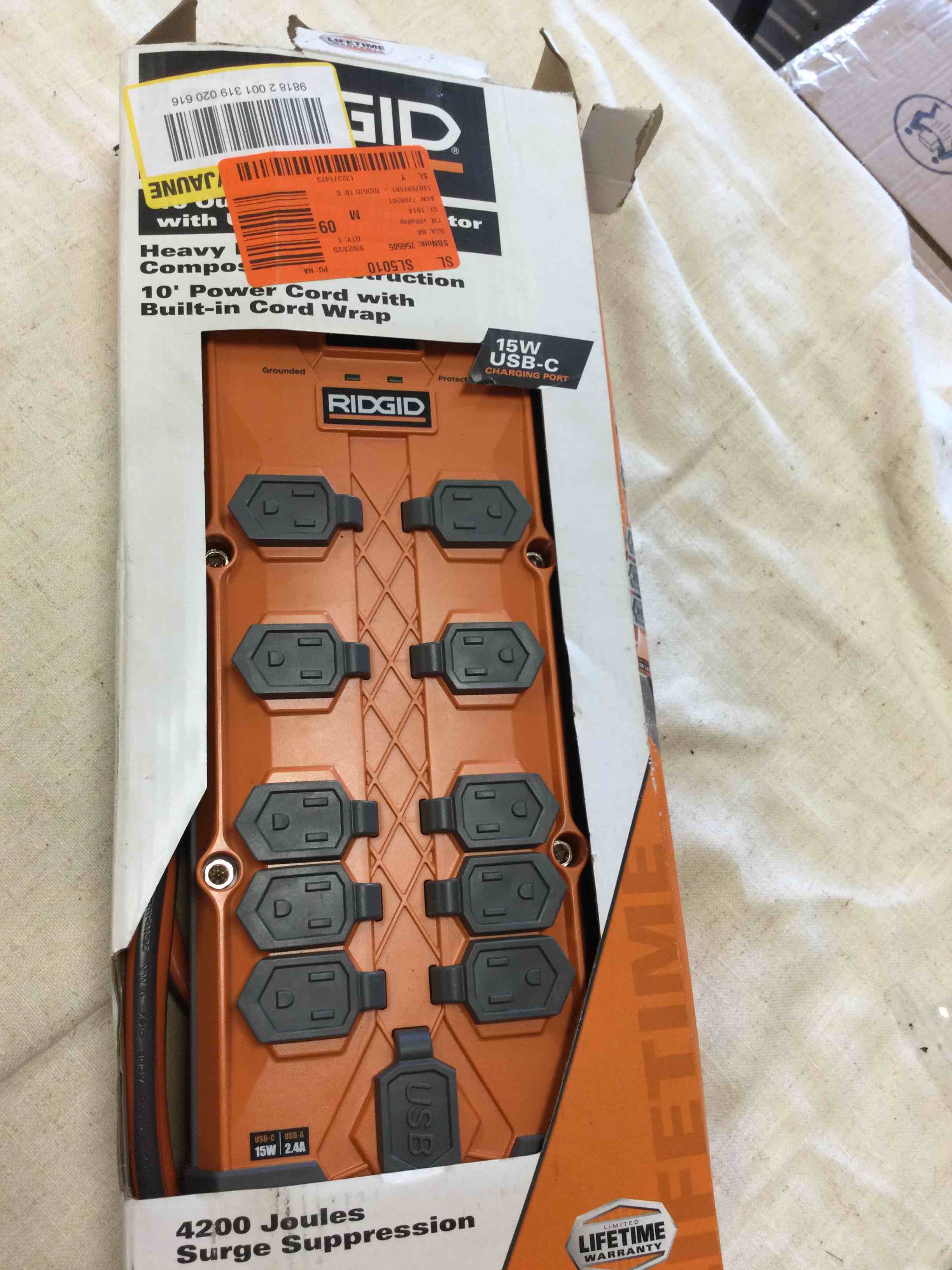 Ridgid 10 ft. Cord 10-Outlet, 2.4 Amp USB-A, 15-Watt USB-C, 4200J Surge Protector