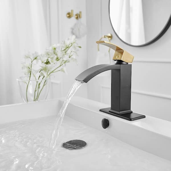Waterfall Single Hole Single Handle Bathroom Sink Faucet With Pop Up Drain With Overflow In Matte Black & Gold