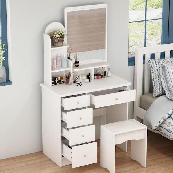 5 drawers white makeup vanity sets wood dressing desk with mirror, stool, and 3 tier storage shelves 