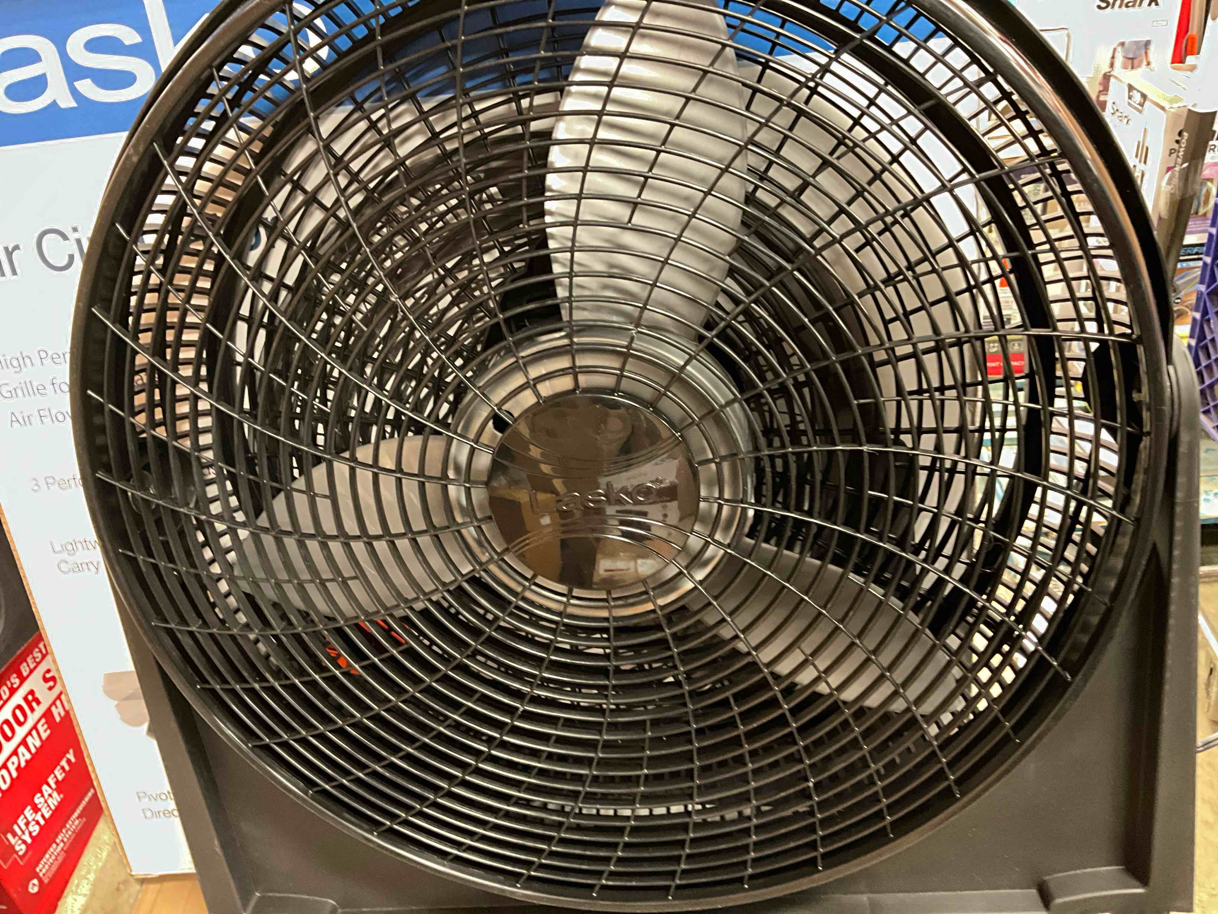 Condition photo showing Good Condition for Blade taps on guard. Working Condition Verified. 20 in. 3 Speed Air Circulator Floor Fan for Home in Black with Wall Mount Option, Full Range Pivoting Head, Carry Handle
