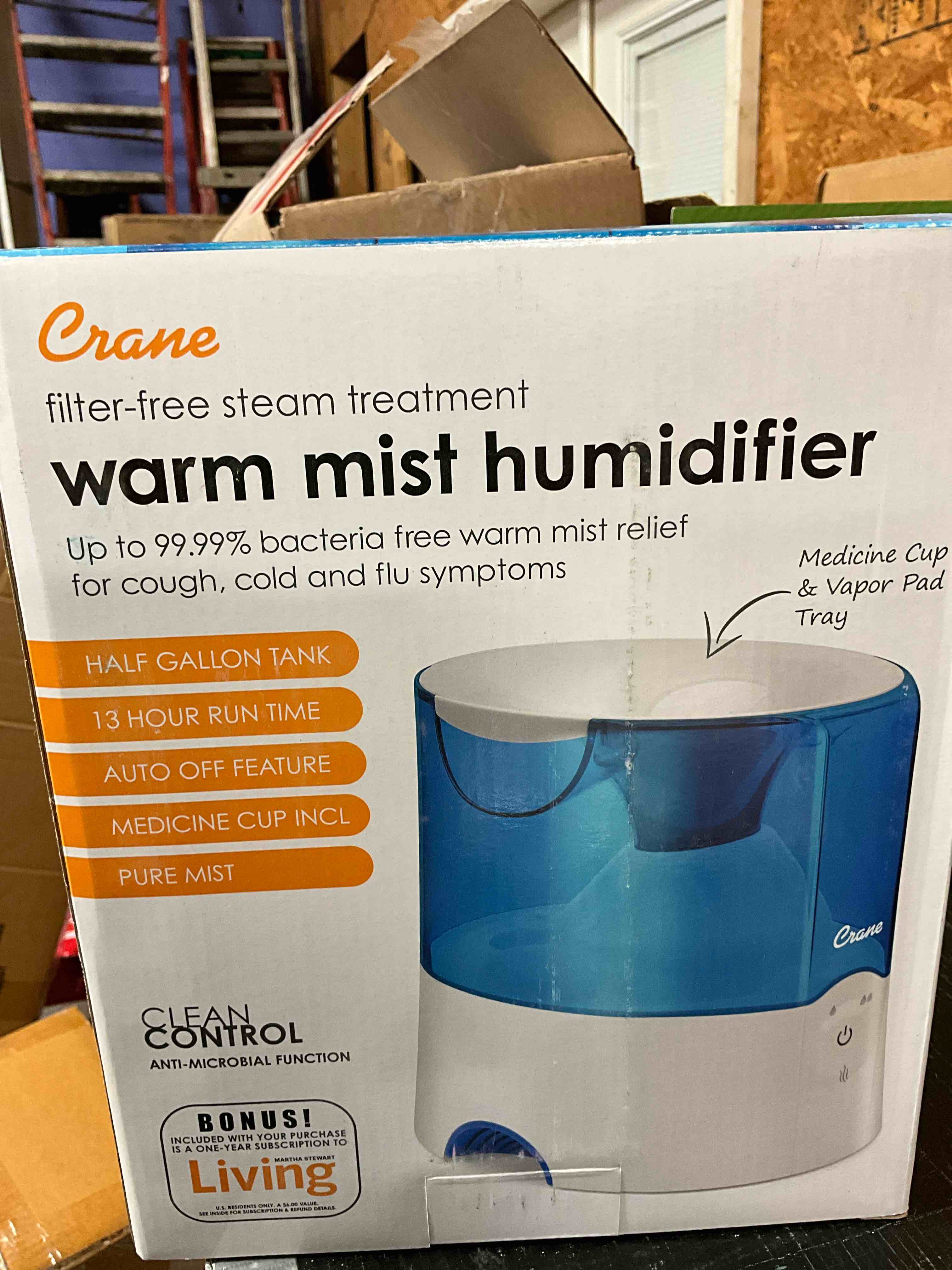 Condition photo showing New/Like New for Crane Warm Mist Humidifier, 0.5 Gallon, Germ Free Mist, Air Humidifier for Home Bedroom and Office, Blue & White 