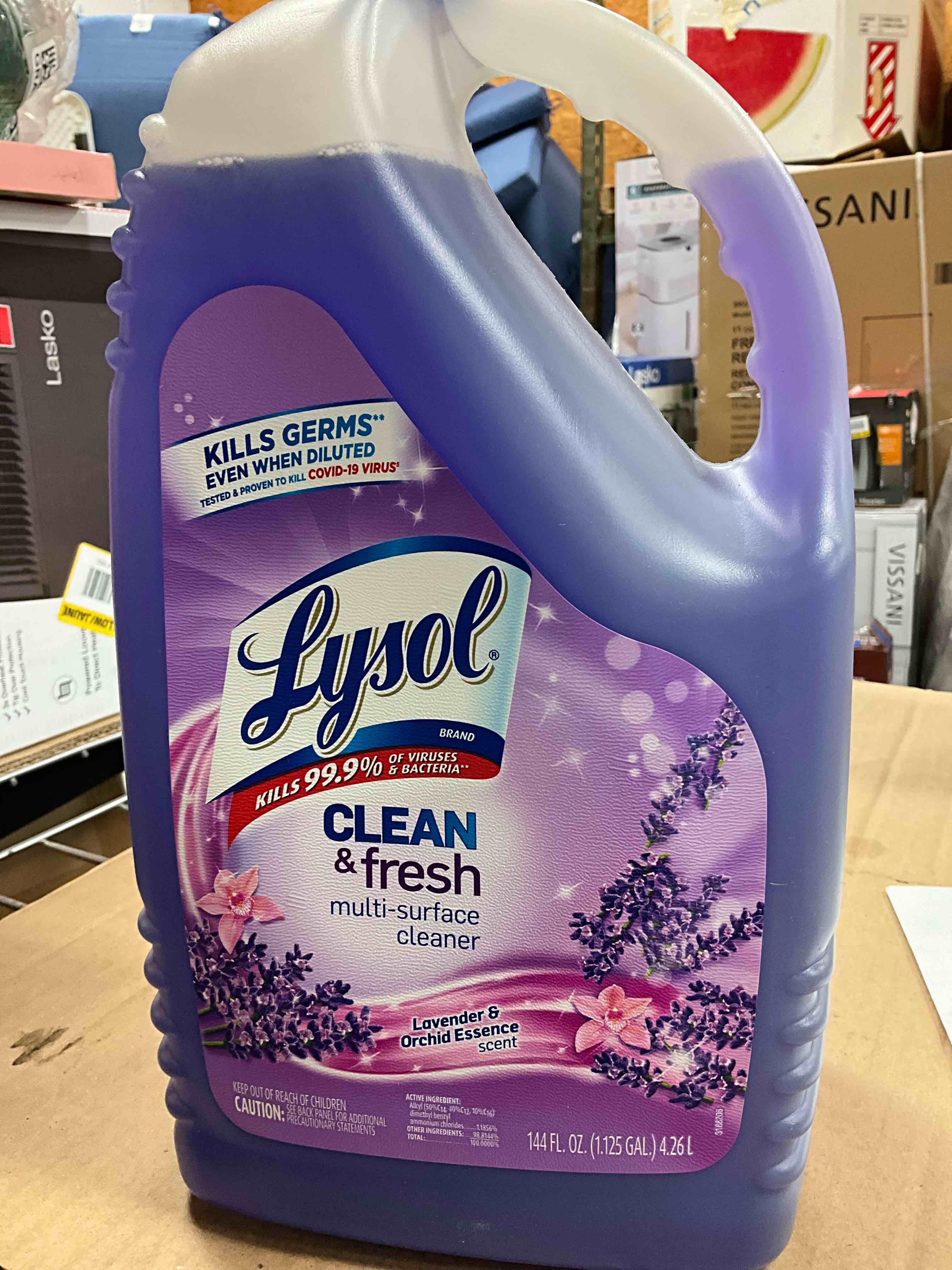 Condition photo showing New/Like New for Lysol Multi-Surface Cleaner, Sanitizing and Disinfecting Pour, to Clean and Deodorize, Lavender and Orchard Essence, 144oz (Pack of 4) Clean & Fresh Lavender Orchid