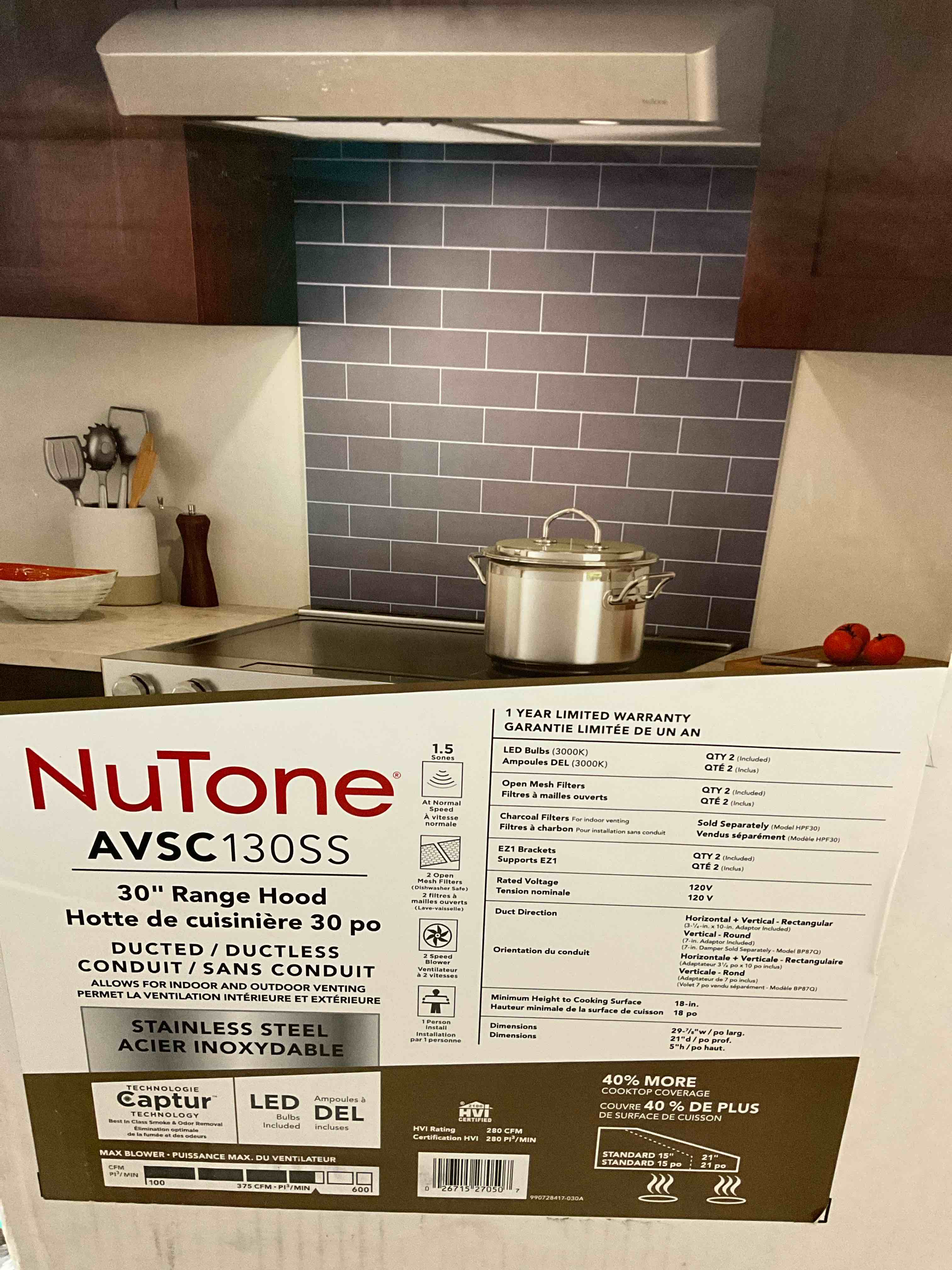 Condition photo showing New/Like New for Mantra AVSC1 Series 30 in. 375 CFM Max Blower Convertible Under Cabinet Range Hood in Stainless Steel with Light