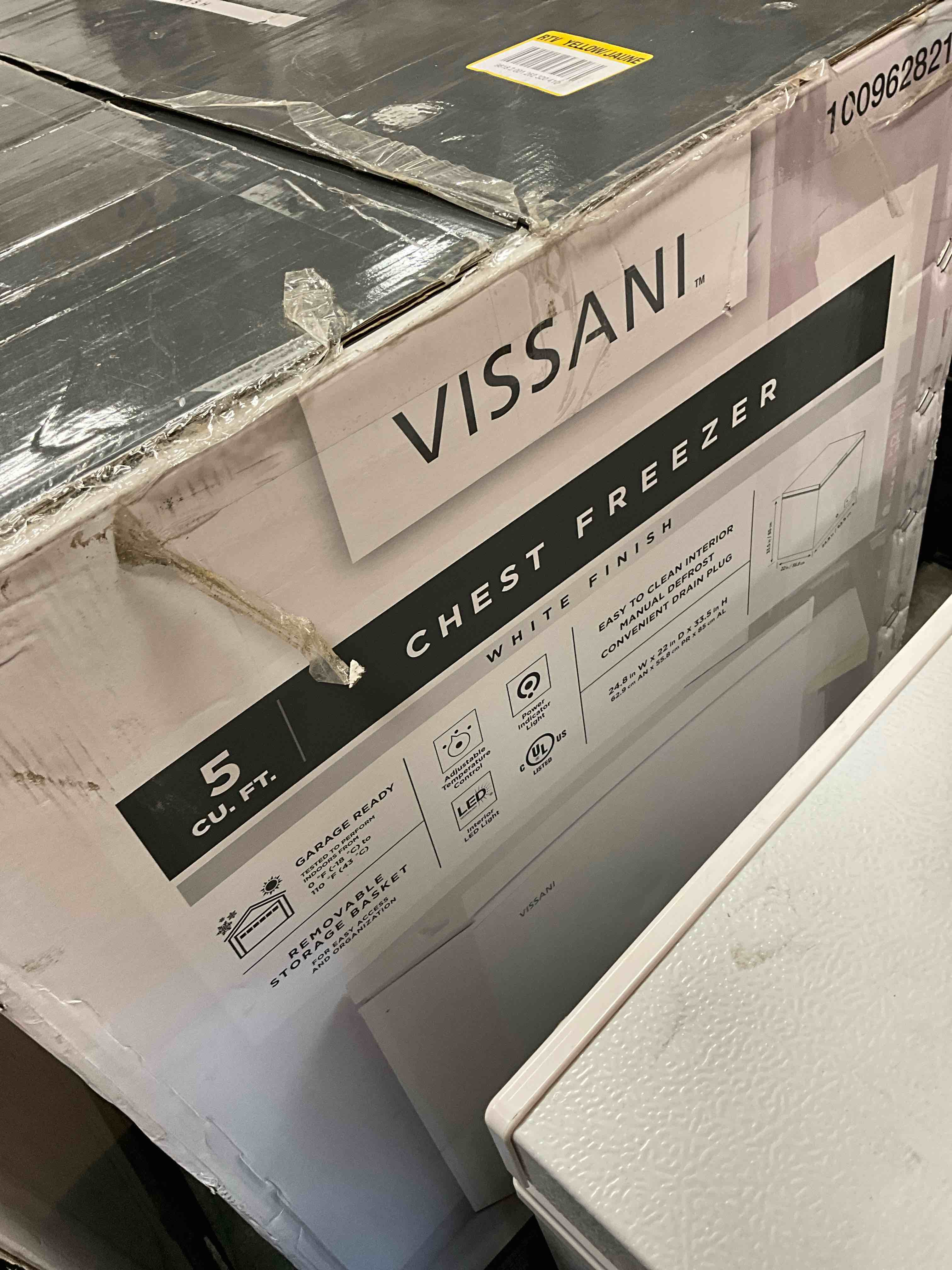 Condition photo showing Good Condition for Dented on lid. 5.0 cu. ft. Manual Defrost Chest Freezer with LED Light in White Garage Ready