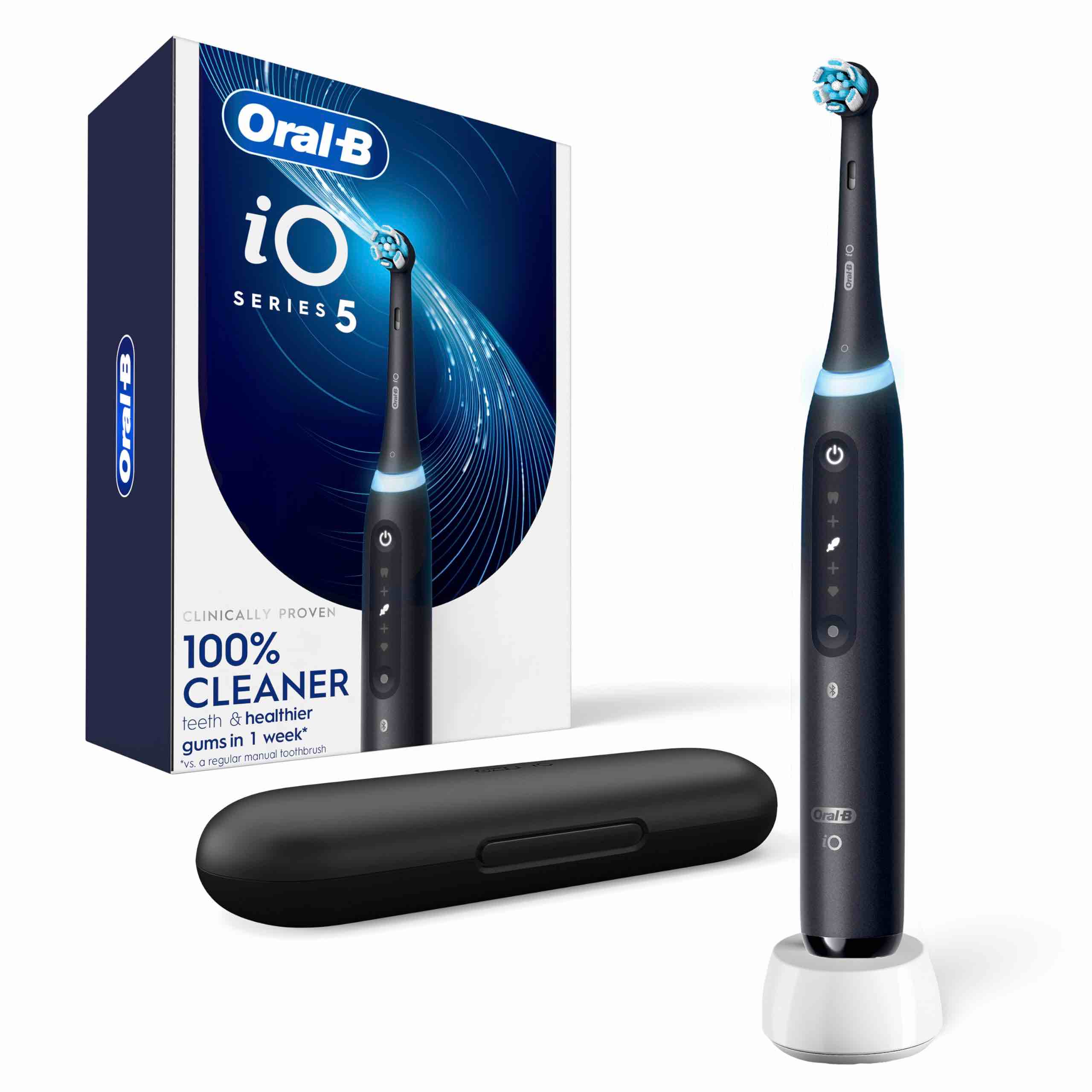 oral-b rechargeable electric toothbrush, io5 customizable clean, 5 cleaning modes, visual pressure sensor to protect gums, travel case, black