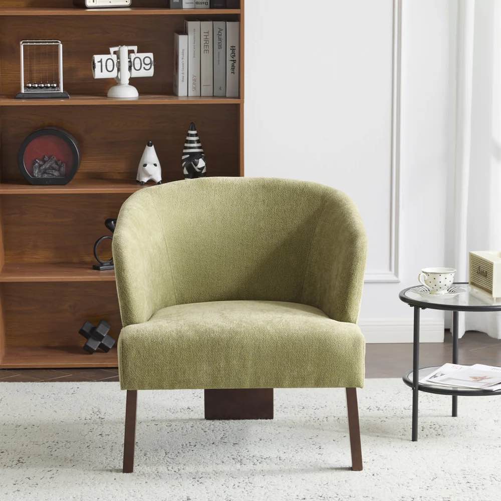 Condition photo showing New/Like New for modern accent chair with curved round back and wooden legs — mid-century comfort, compact & durable - green