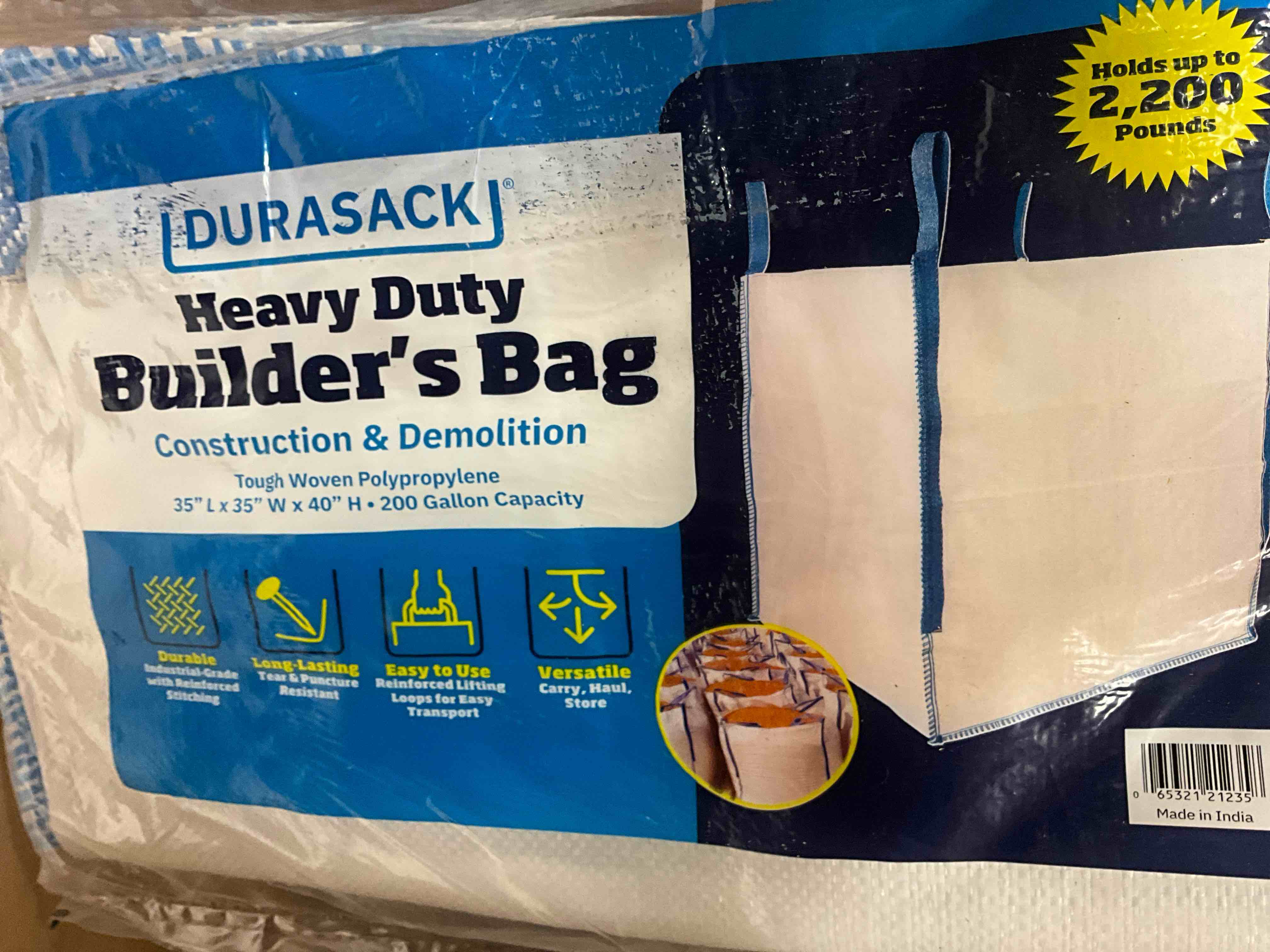 Condition photo showing New/Like New for durasack heavy duty builder's bulk bags 200-gallon white woven polypropylene contractor trash bags for demo and construction, holds up to 2200 lbs, open top
