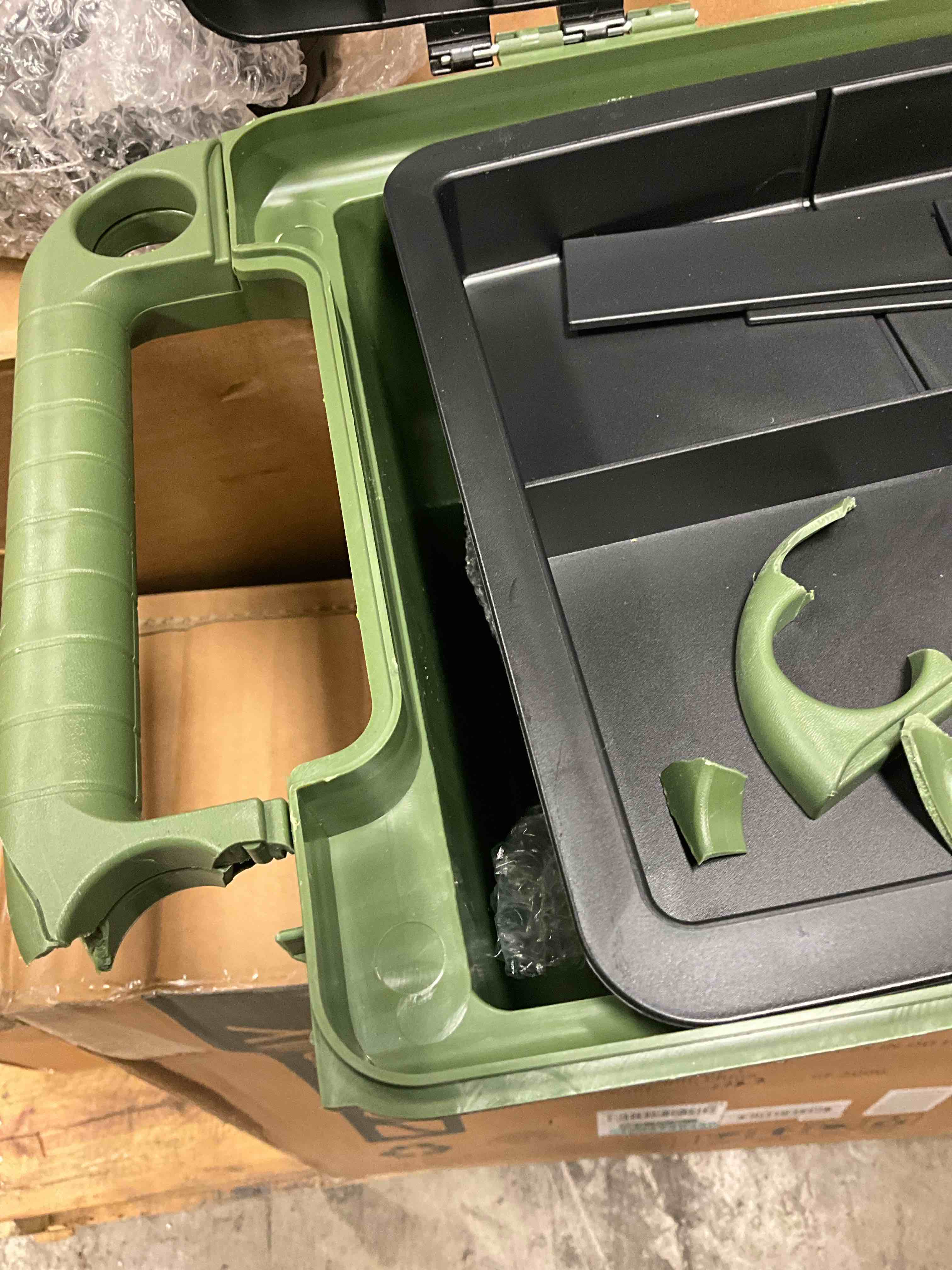 Condition photo showing Good Condition for damage to one handle. pure garden rolling garden cart with seat - plastic storage with bench and interior tool tray - gardening stool for weeding and planting (green)