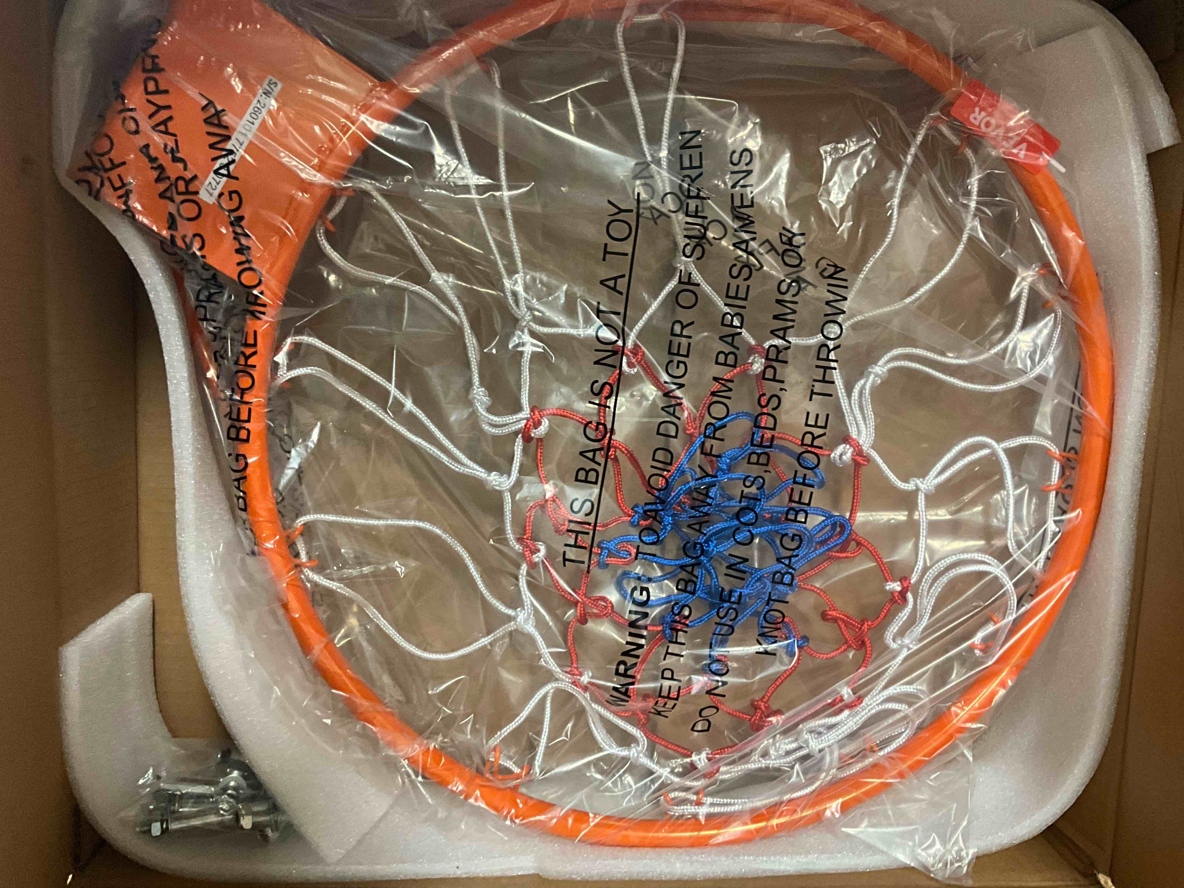 Condition photo showing New/Like New for basketball rim, wall door mounted basketball hoop, heavy duty q235 basketball flex rim goal replacement with net, standard 18" indoor and outdoor hanging basketball hoop