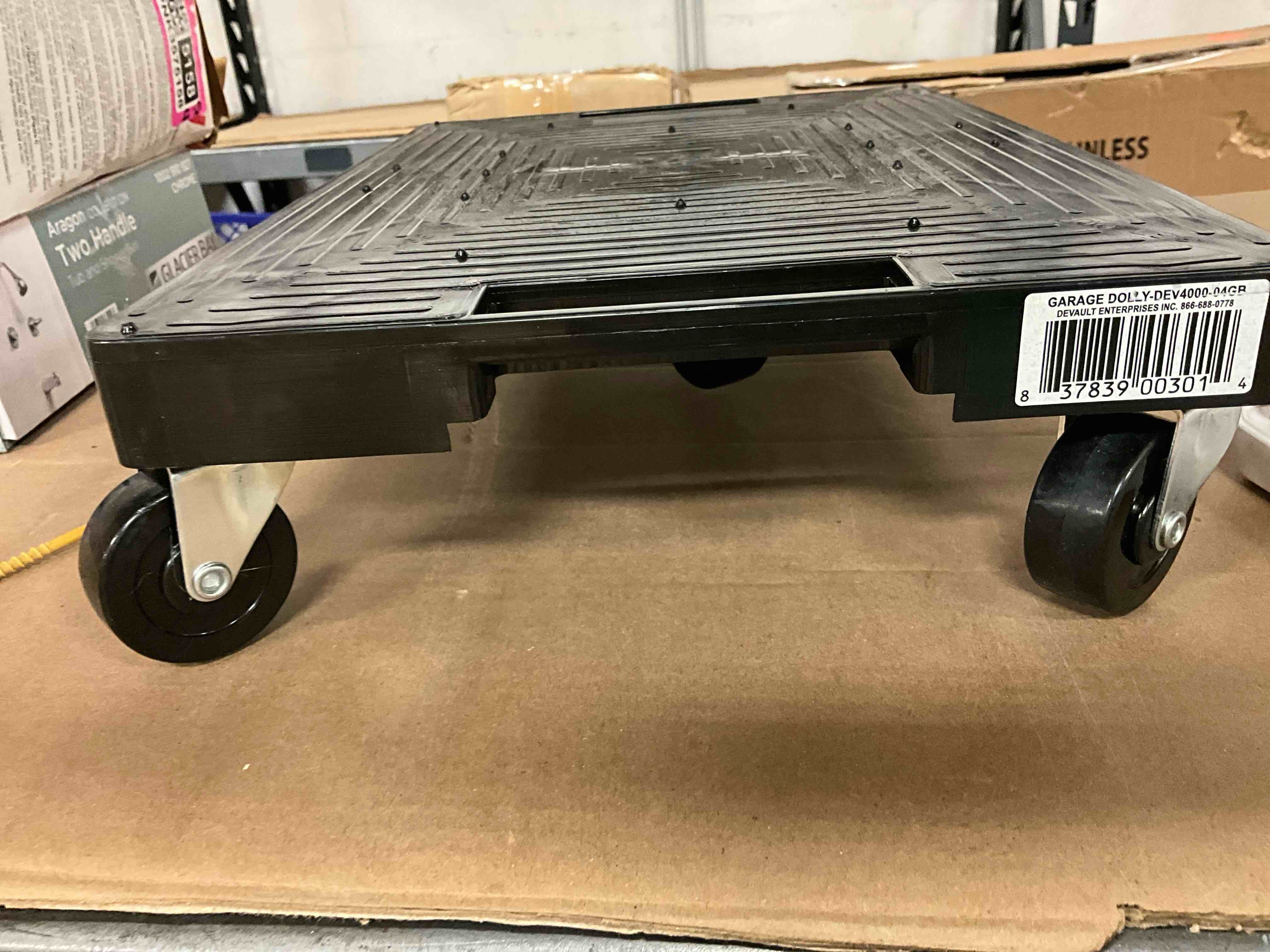 Condition photo showing New/Like New for multi purpose dolly with wheels, rolling utility dolly cart, non-slip platform, 5 swivel casters, indoor outdoor use, black