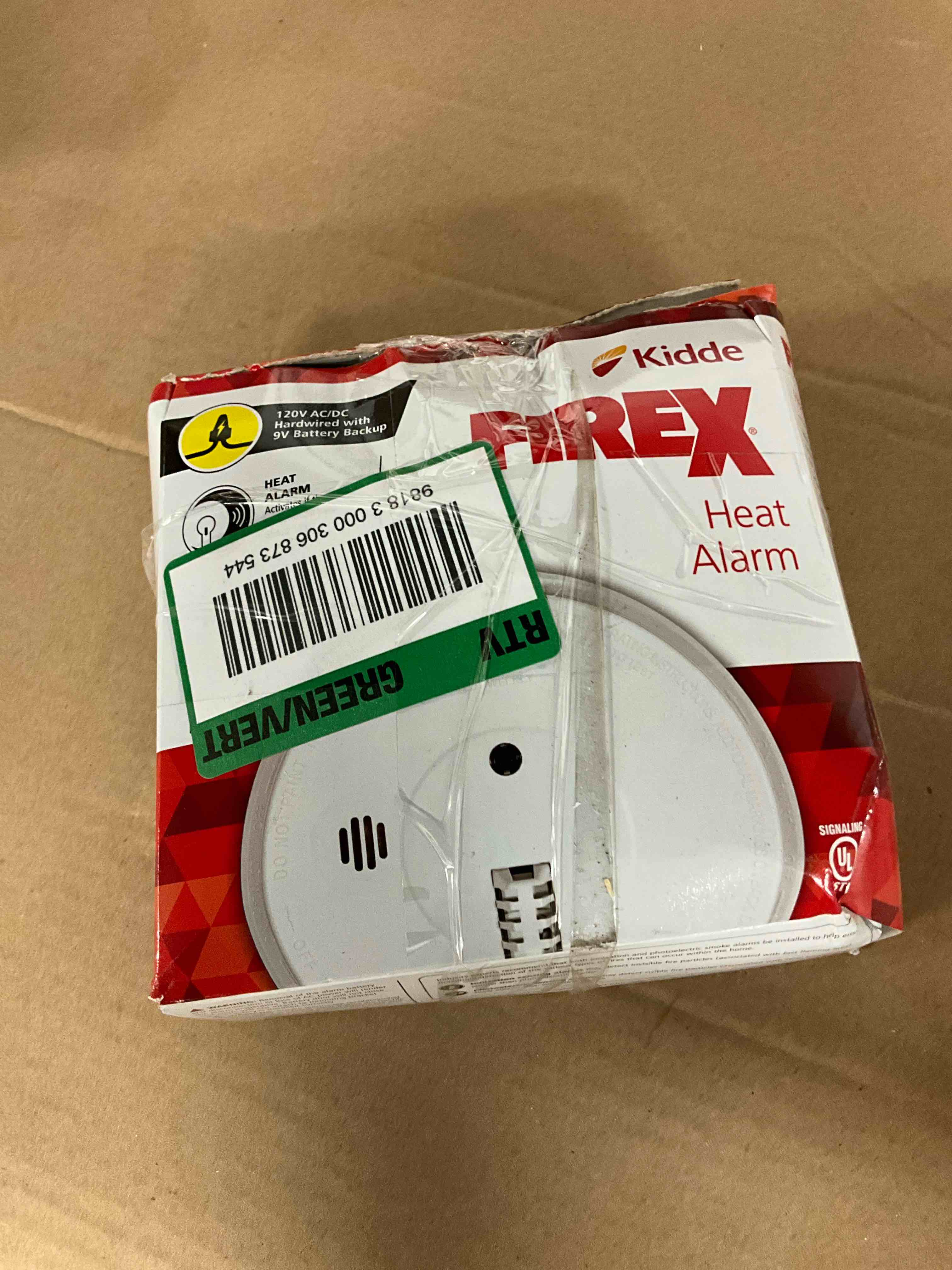 Condition photo showing New/Like New for kidde heat detector, hardwired with battery backup & 2 leds, interconnect capability, ideal for garages gas_smoke_fire_alarm