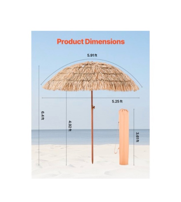 Condition photo showing New/Like New for tiki umbrella, 6 ft thatched patio umbrella with tilt, hawaiian style beach parasol with durable pp thatch and 8 metal ribs, grass pool umbrellas for beach, patio, poolside, backyard & garden