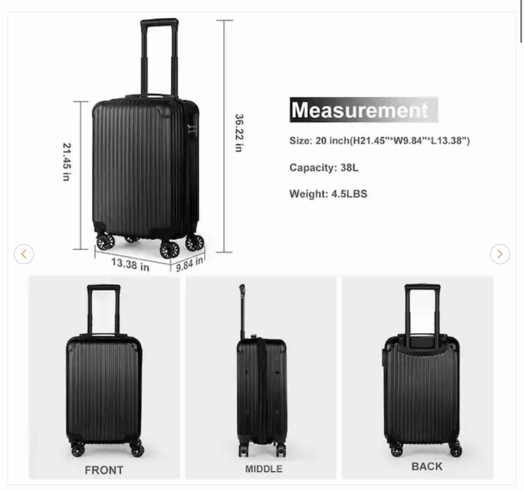 Condition photo showing New/Like New for carry on luggage, 20 in. hardside suitcase abs spinner luggage with lock - vertical in black