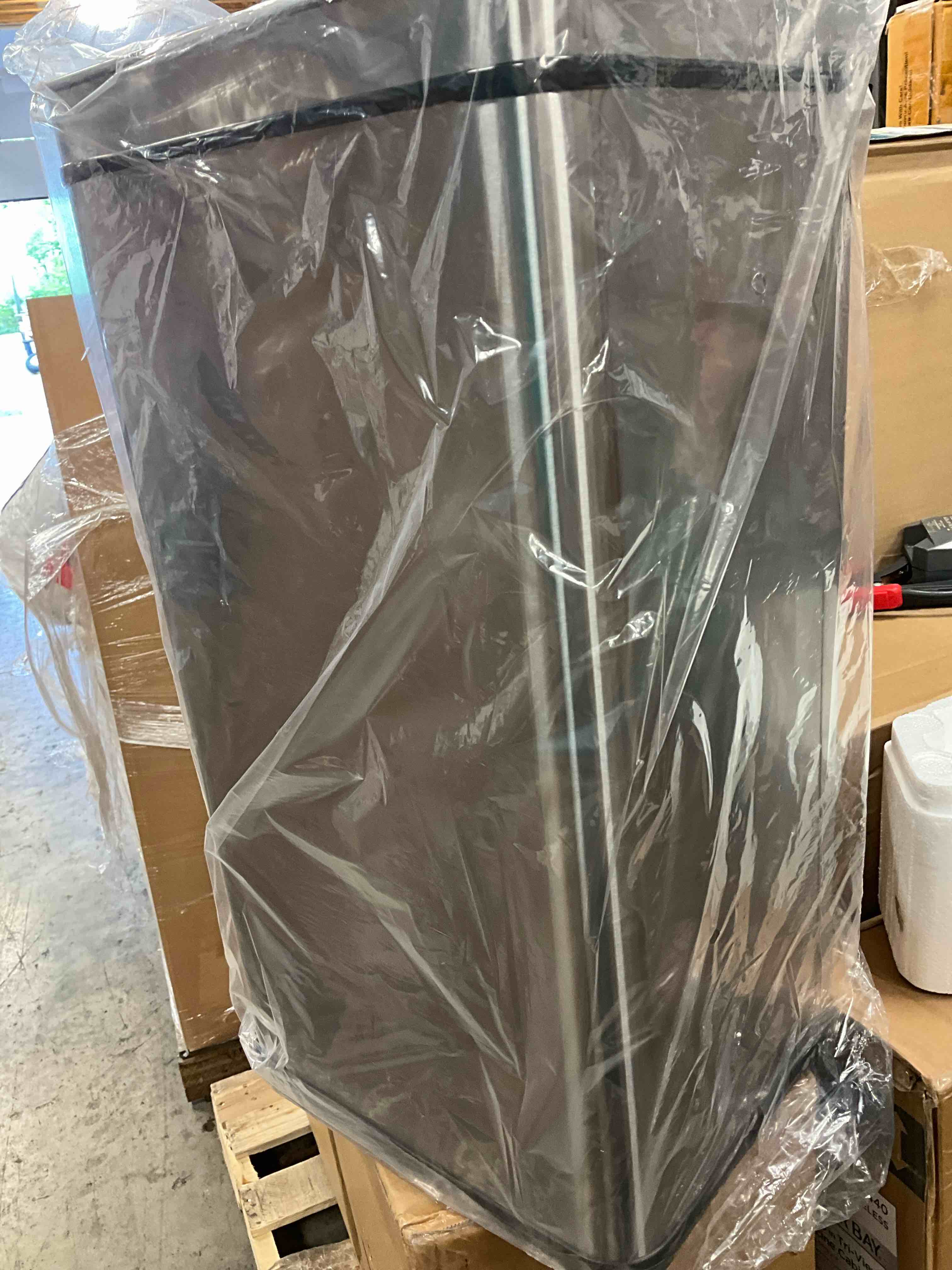 Condition photo showing New/Like New for itouchless 50 liter / 13 gallon kitchen trash can with ac adapter, lid & odor filter – motion sensor stainless steel garbage bin for home, office, or garage – slim, large capacity design light silver / ac