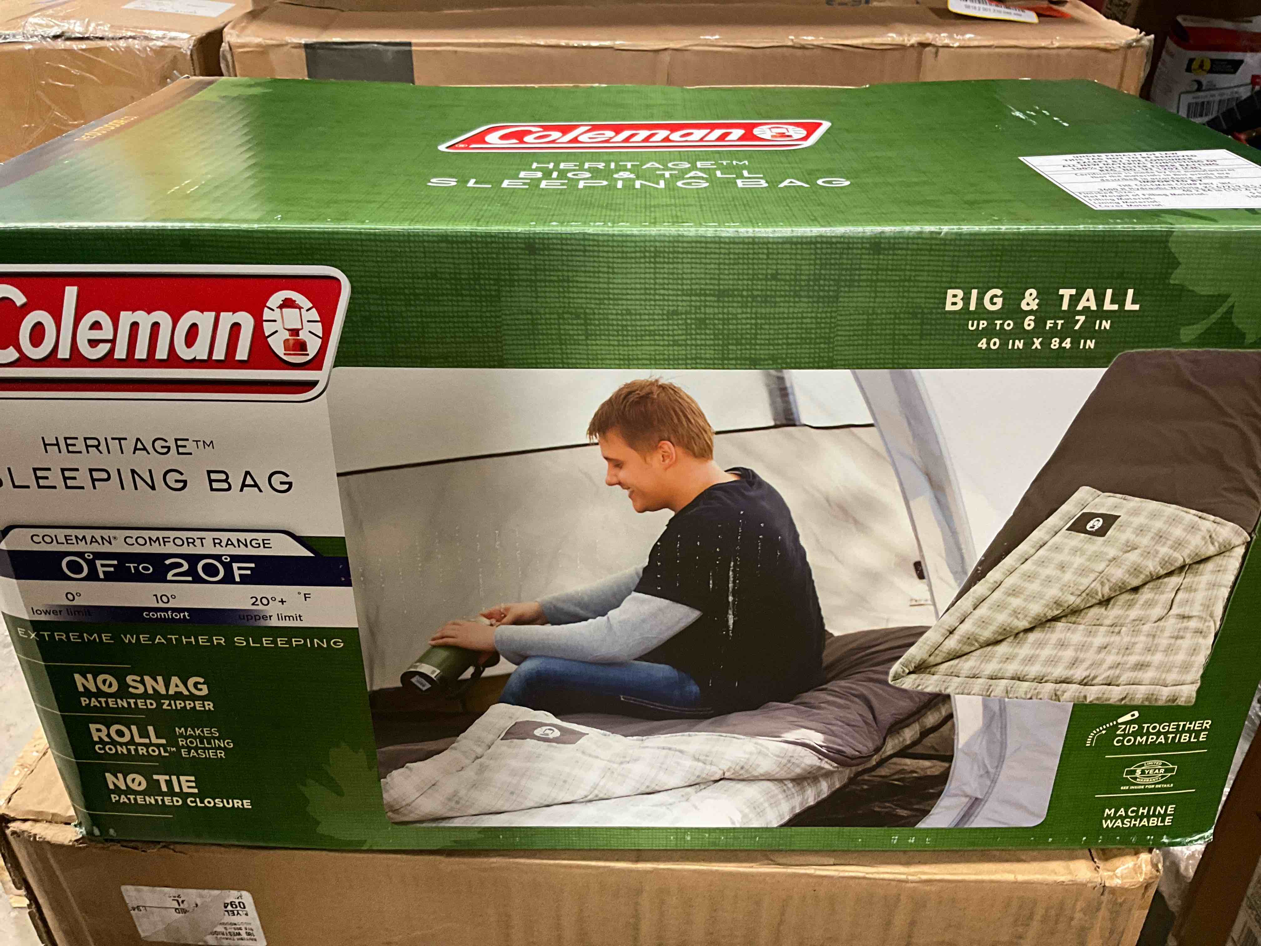 Condition photo showing New/Like New for coleman heritage big & tall 10°f flannel sleeping bag, xl sleeping bag fits adults up to 6ft 7in tall, machine washable, great for camping, hunting, guests, & more