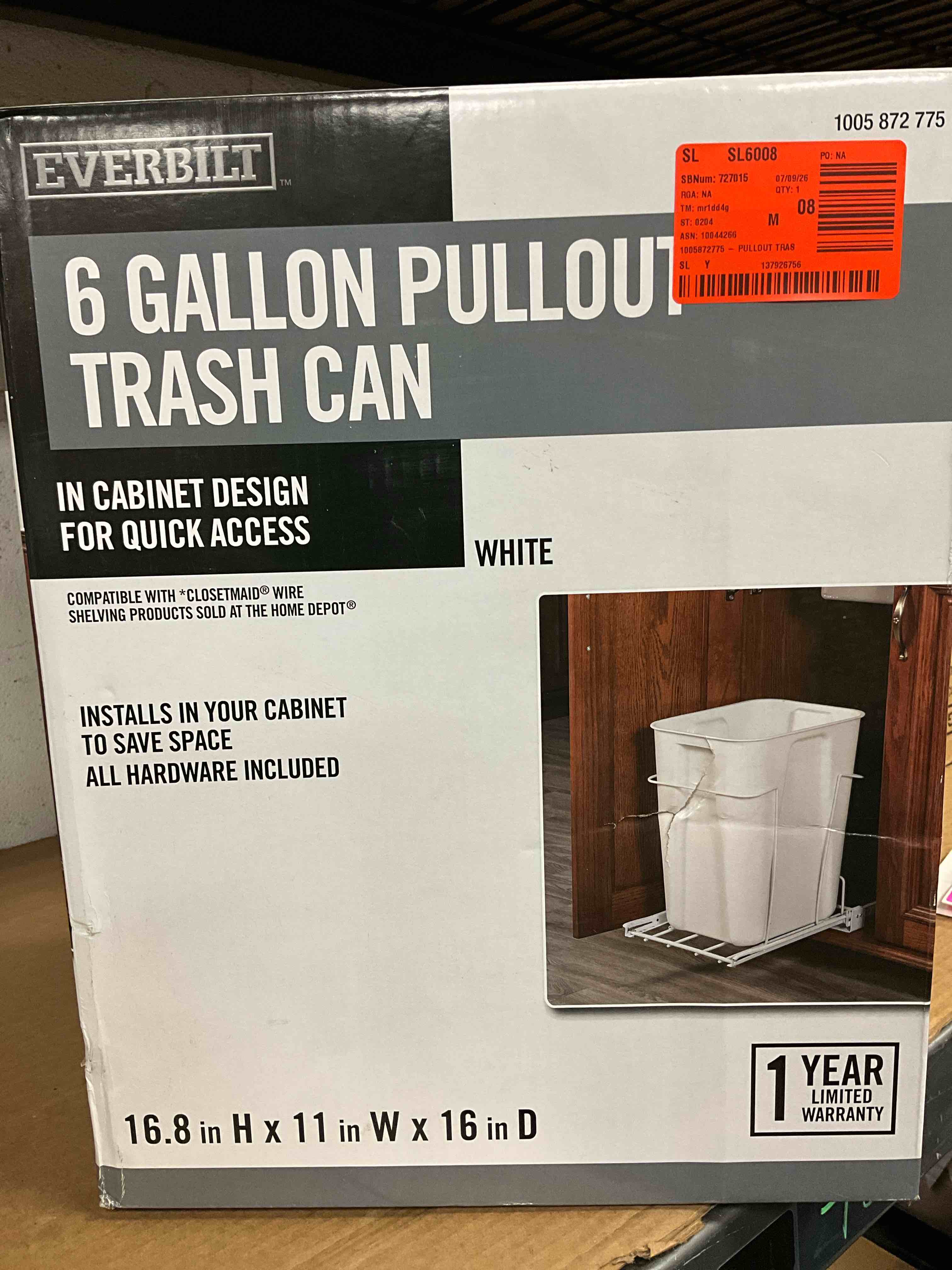 Condition photo showing New/Like New for 11.22 in. l x 19.29 in. w x 12 in. h under cabinet pull out wire trash can 6 gal. holder
