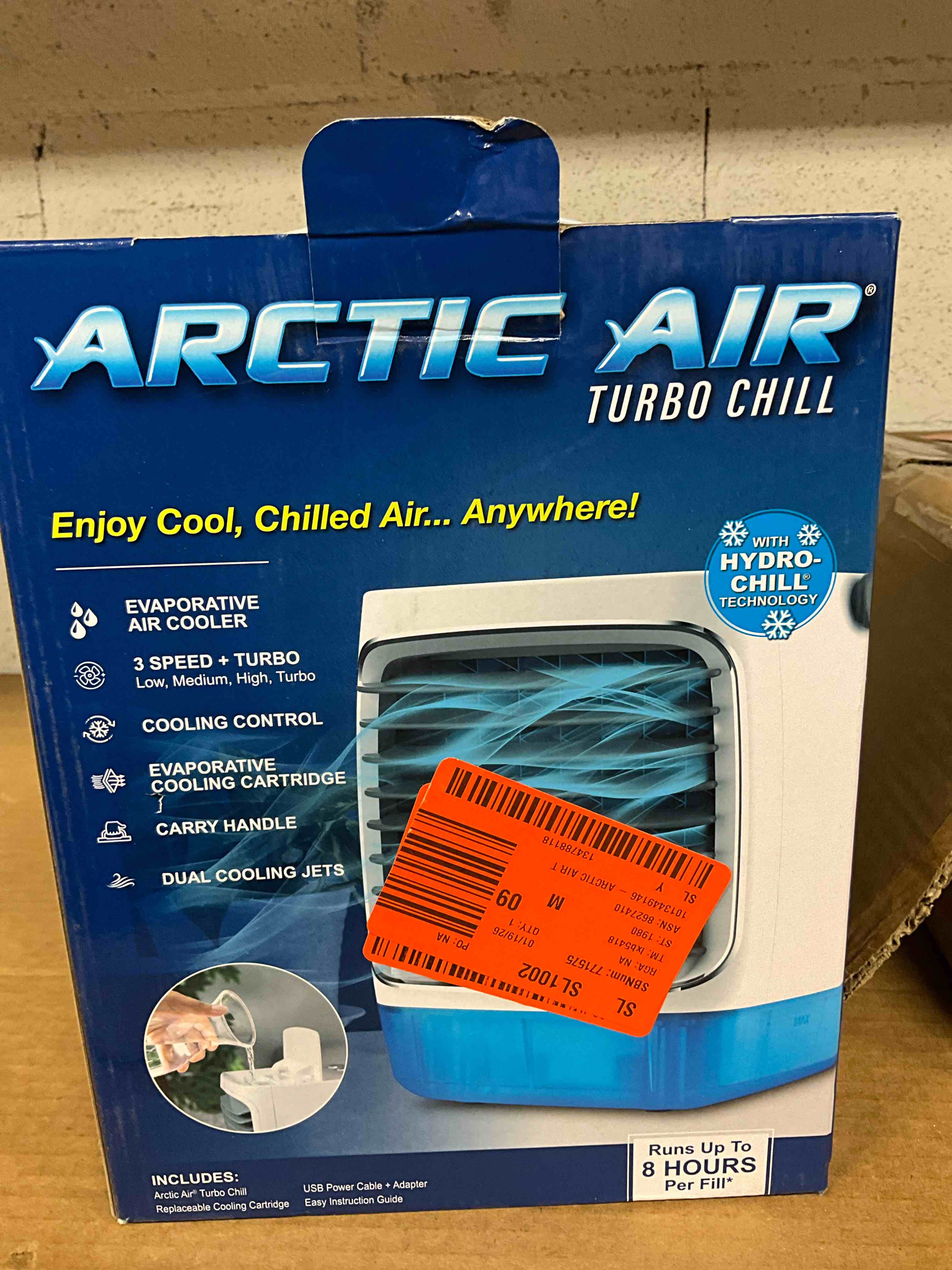 Condition photo showing New/Like New for ontel arctic air turbo chill evaporative cooler with hydrochill technology, 4-speed portable air cooler fan, up to 8 hr per fill, 7-color led, simple & whisper quiet operation, for home or office use