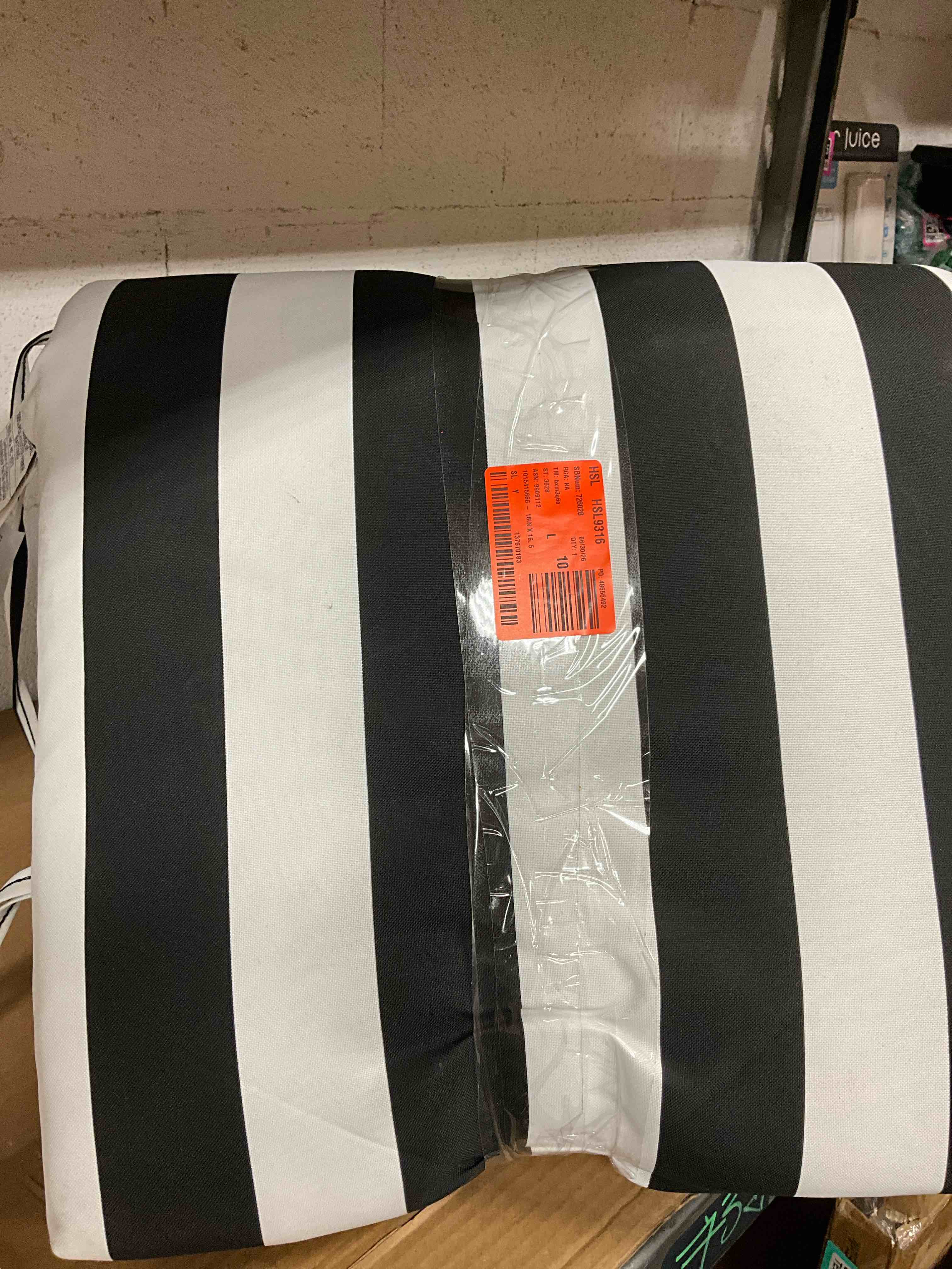 Condition photo showing Good Condition for arden outdoor midback chair cushion, 18 x 16.5, rain-proof, fade resistant black cabana stripe