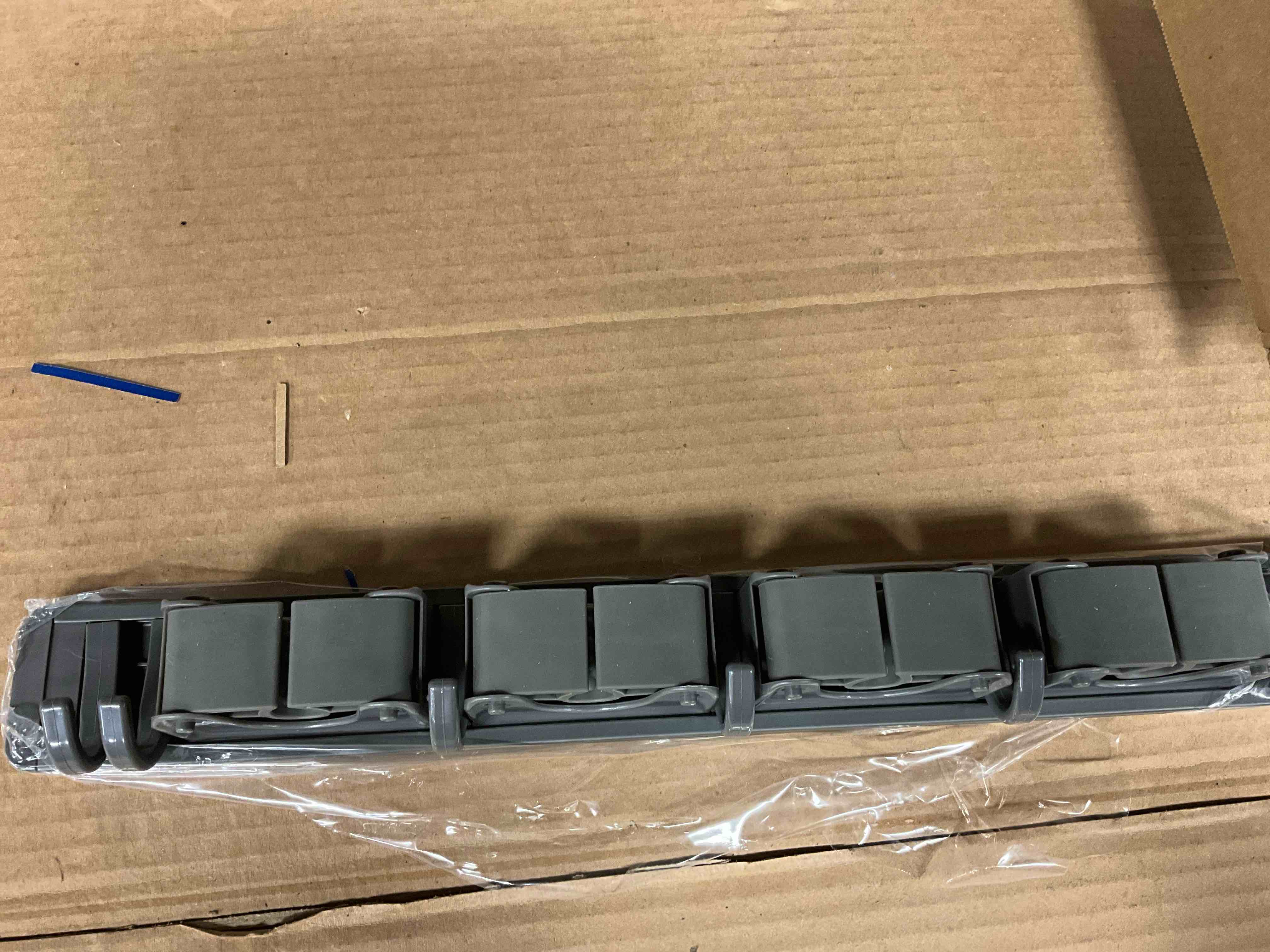 Condition photo showing New/Like New for adjustable broom holder storage wall mount tool bar with 4 clips and 5 hooks aluminum alloy