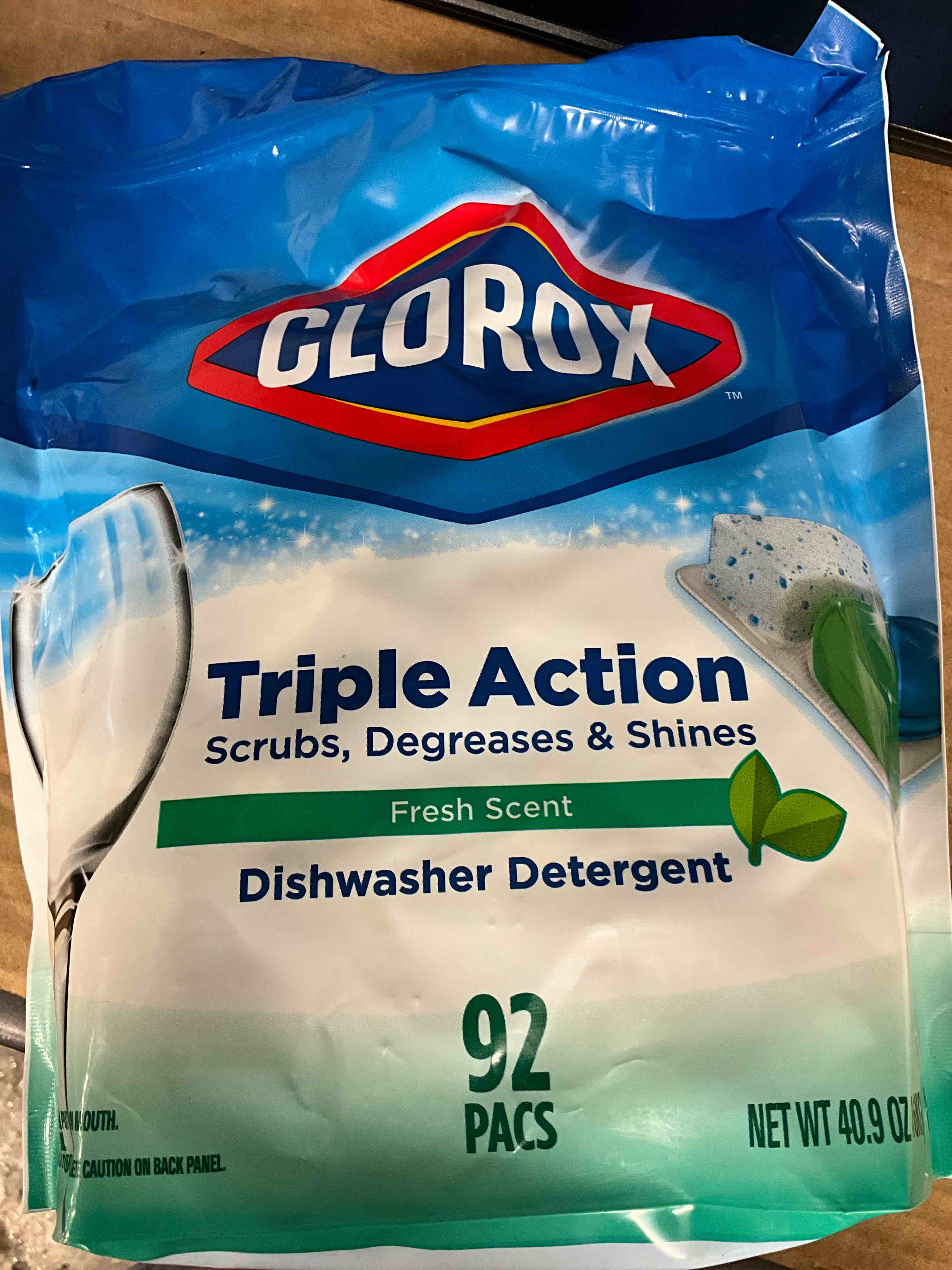 Condition photo showing New/Like New for clorox triple action dishwasher detergent pacs, 92 count dishwashing pacs, fresh scent
