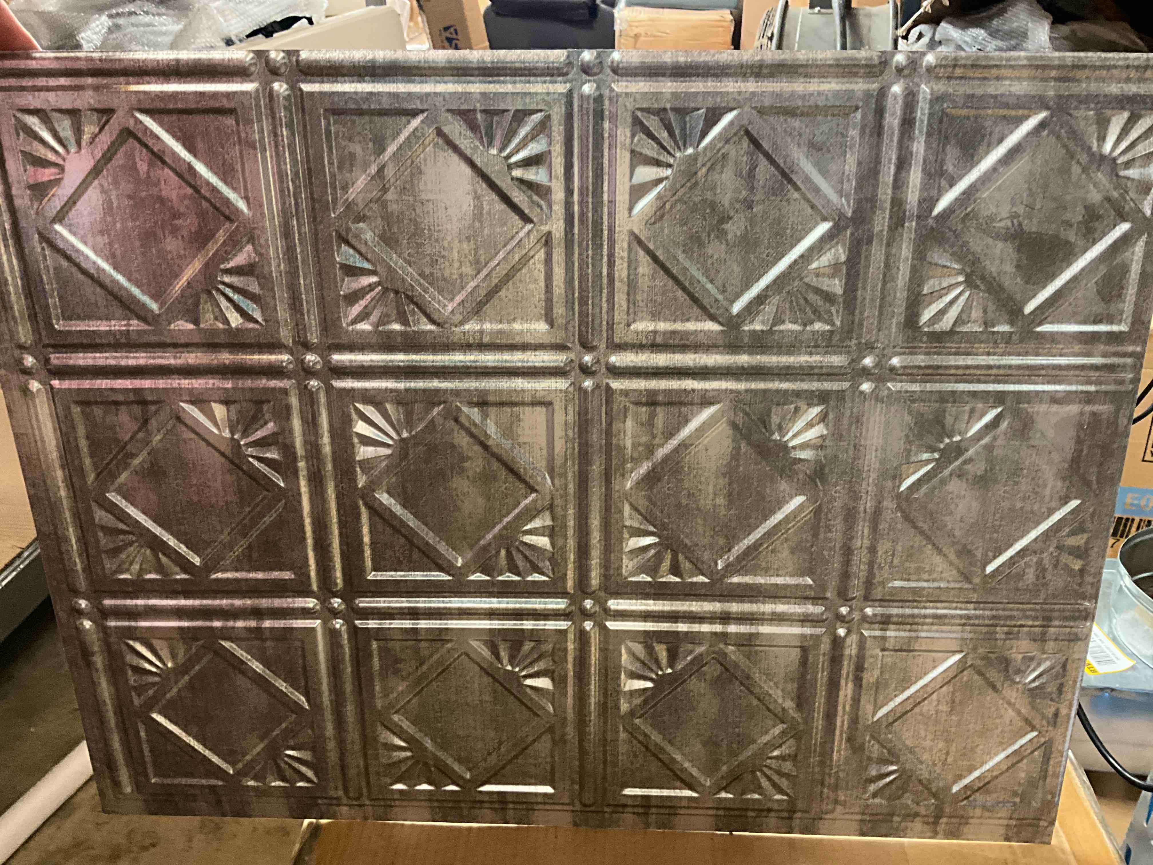 Condition photo showing New/Like New for 18.25 in. x 24.25 in. crosshatch silver traditional style # 4 pvc decorative backsplash panel