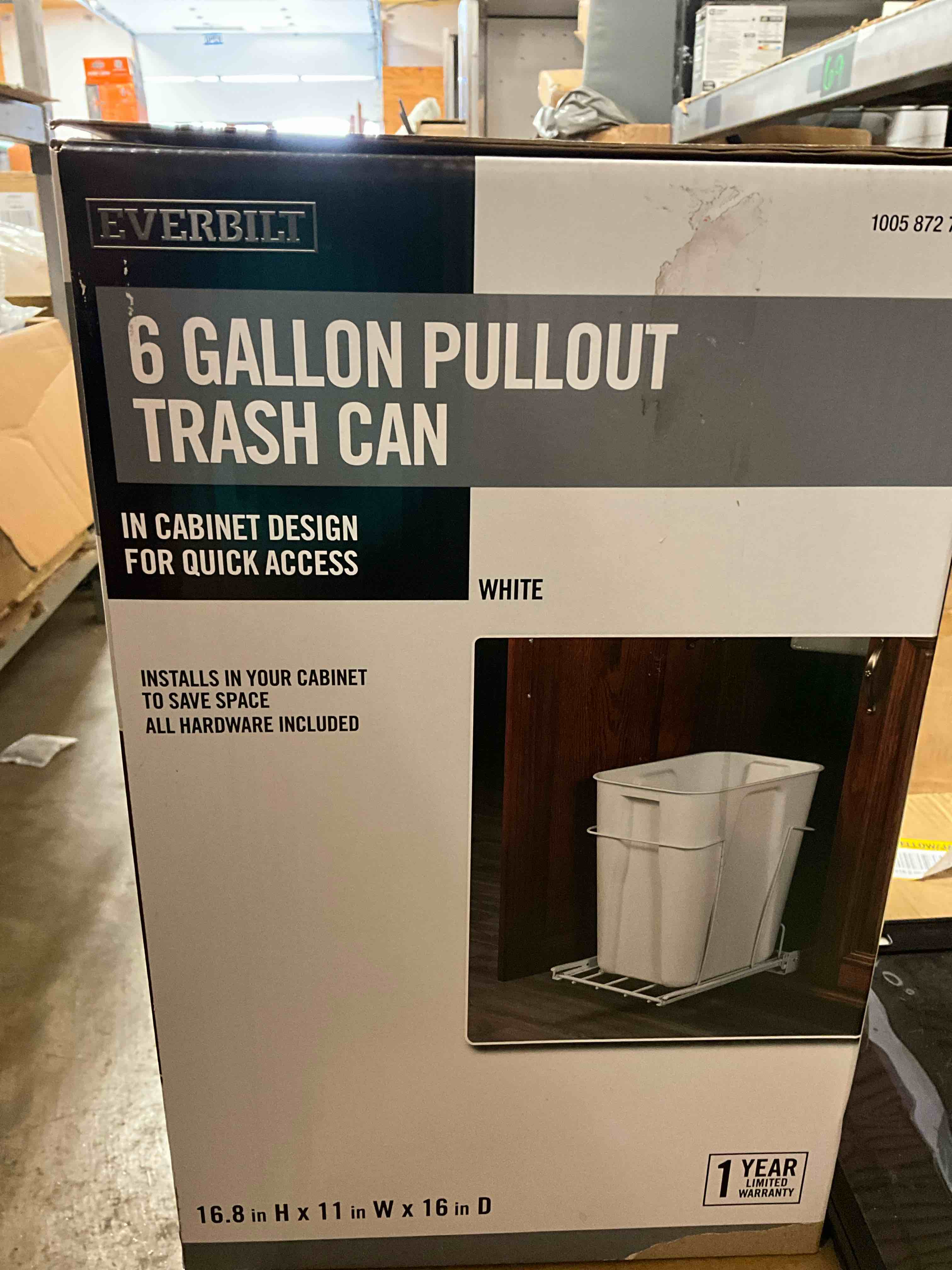 Condition photo showing New/Like New for 11.22 in. l x 19.29 in. w x 12 in. h under cabinet pull out wire trash can 6 gal. holder