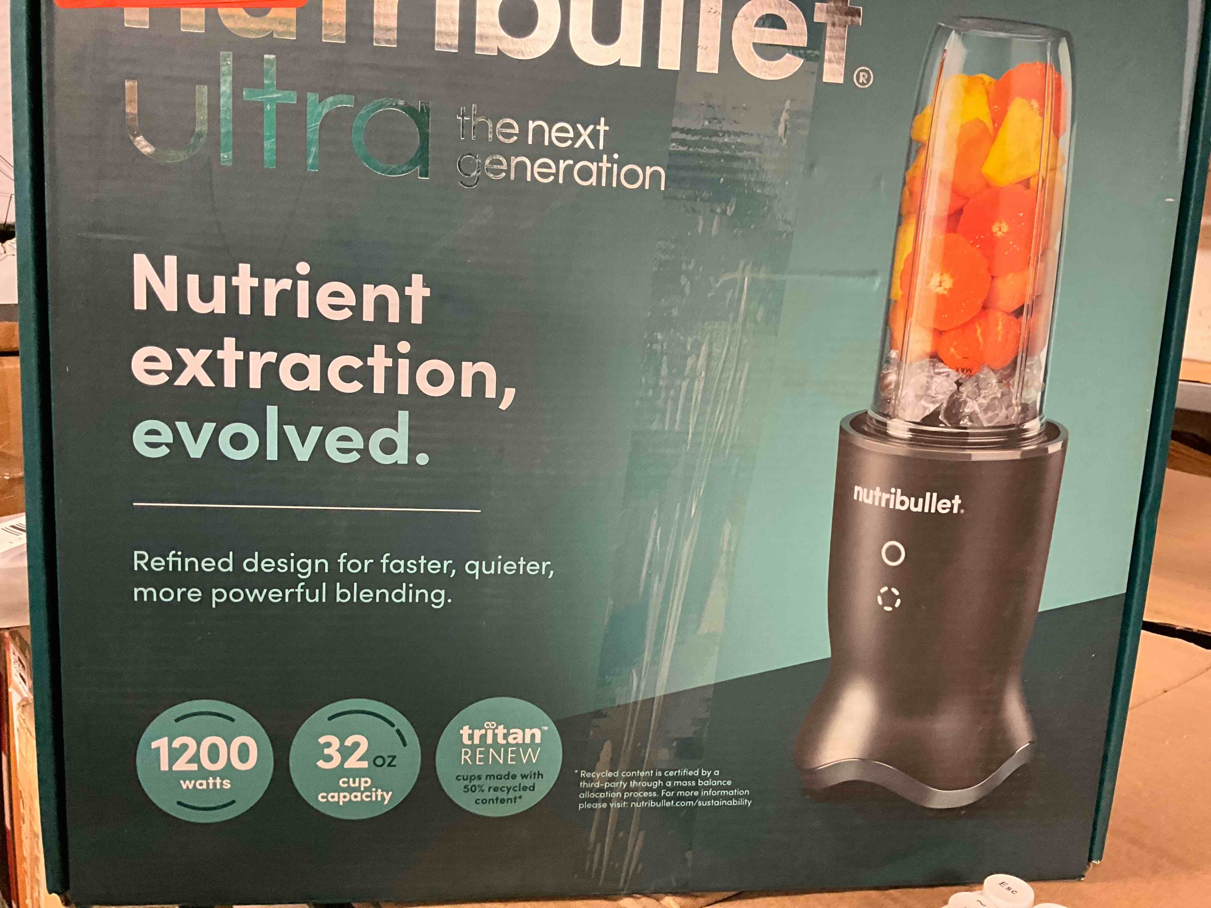 Condition photo showing As Is for no blade in box. nutribullet® ultra personal blender, 1200w, for smoothies shakes & protein - quietest single-serve blender with titanium coated blades, 3 bpa-free cups (32oz + 24oz), to-go lids, dishwasher safe, gray 32 oz gunmetal gray