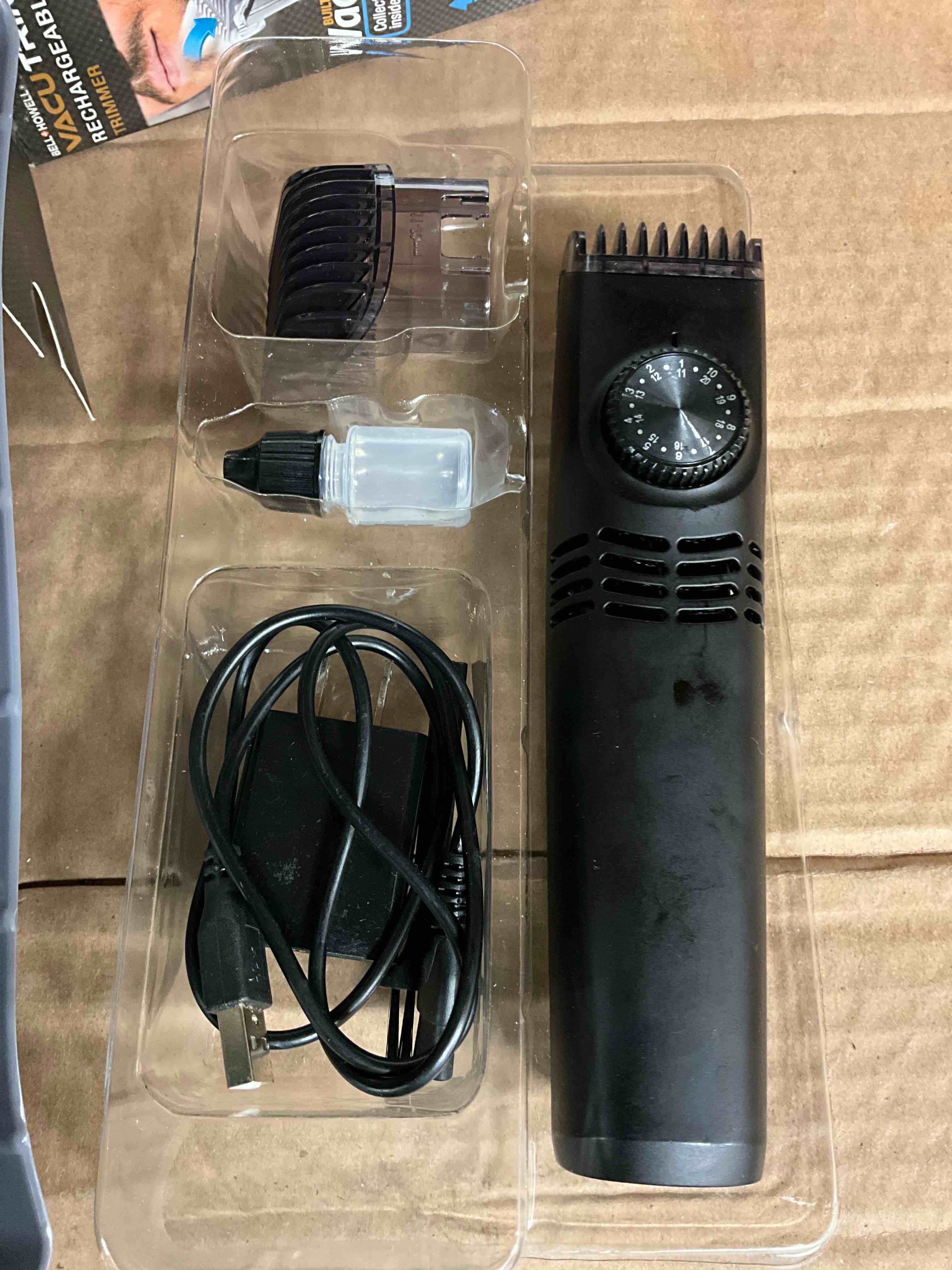Condition photo showing Good Condition for vacutrim cordless mens beard trimmer, rechargeable electric shaver with 20 trim setting calibration dial and built-in vacuum for mustache, sideburns. facial hair, black, 7.5", as seen on tv