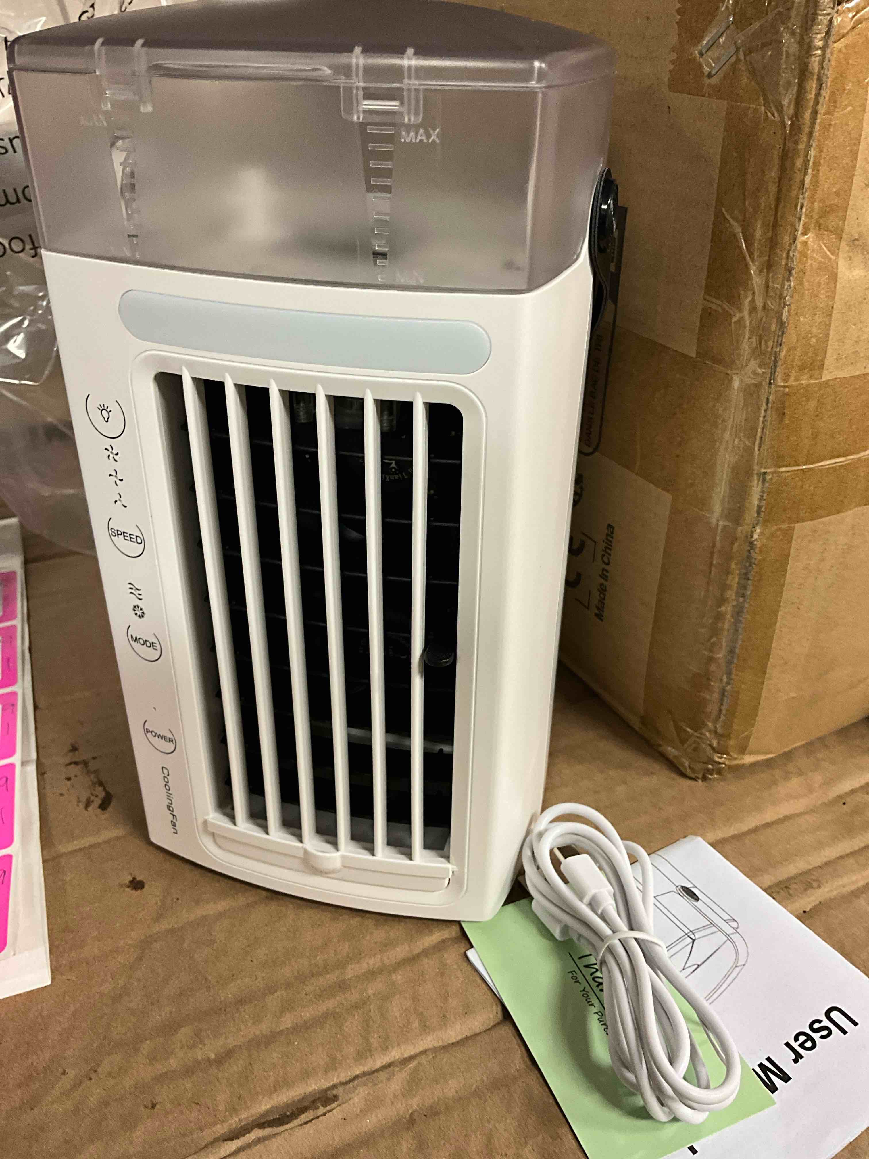 Condition photo showing New/Like New for working condition verified. new portable air conditioner, 4 in 1 effective evaporative air cooler with 2 mode & 3 wind speeds, usb quiet personal air conditioner fan mini w/ 7 colors led light, for home office outdoor - us spot