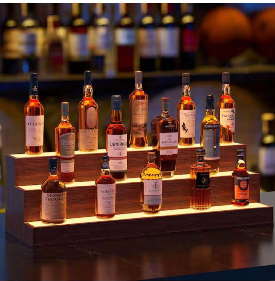 CH 11 in. H x 37.4 in. W 14-Bottle Walnut Engineered Wood Bar Shelves,LED Lighted Liquor Bottle Display Shelf