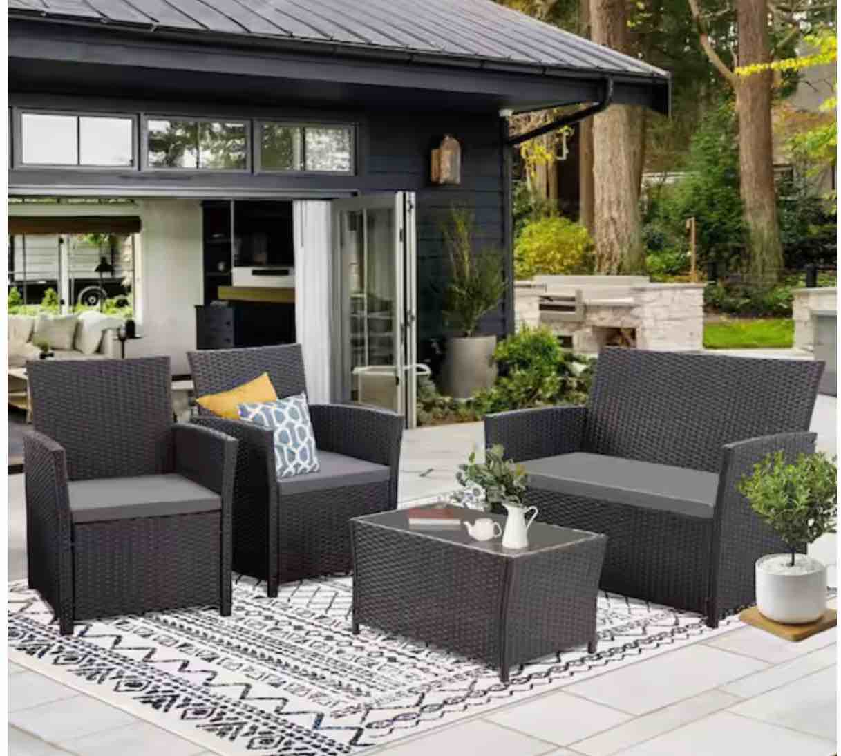 4-Piece Black Wicker Patio Conversation Seating Set with Dark-Gray Cushions and Coffee Table for Porch, Yard, Apt