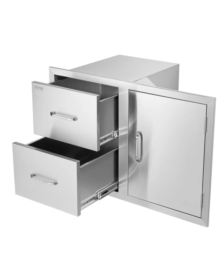 Missing handles and hardware. VEVOR Outdoor Kitchen Door Drawer Combo 32.5" W x 21.6" H x 20.5''D, Access Door/Double Drawers with Paper Towel Rack, BBQ Island Drawers with Stainless Steel Handles for Outdoor Kitchen