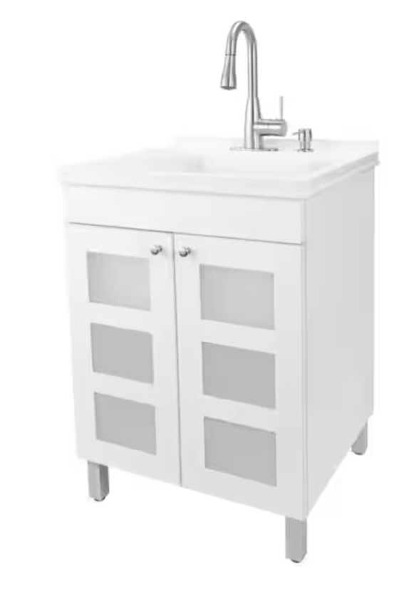 Crack inside base. 18 Gallons 21.75 in. x 25 in. Thermoplastic Freestanding Laundry Sink, Stainless Faucet, White Cabinet, Soap Dispenser