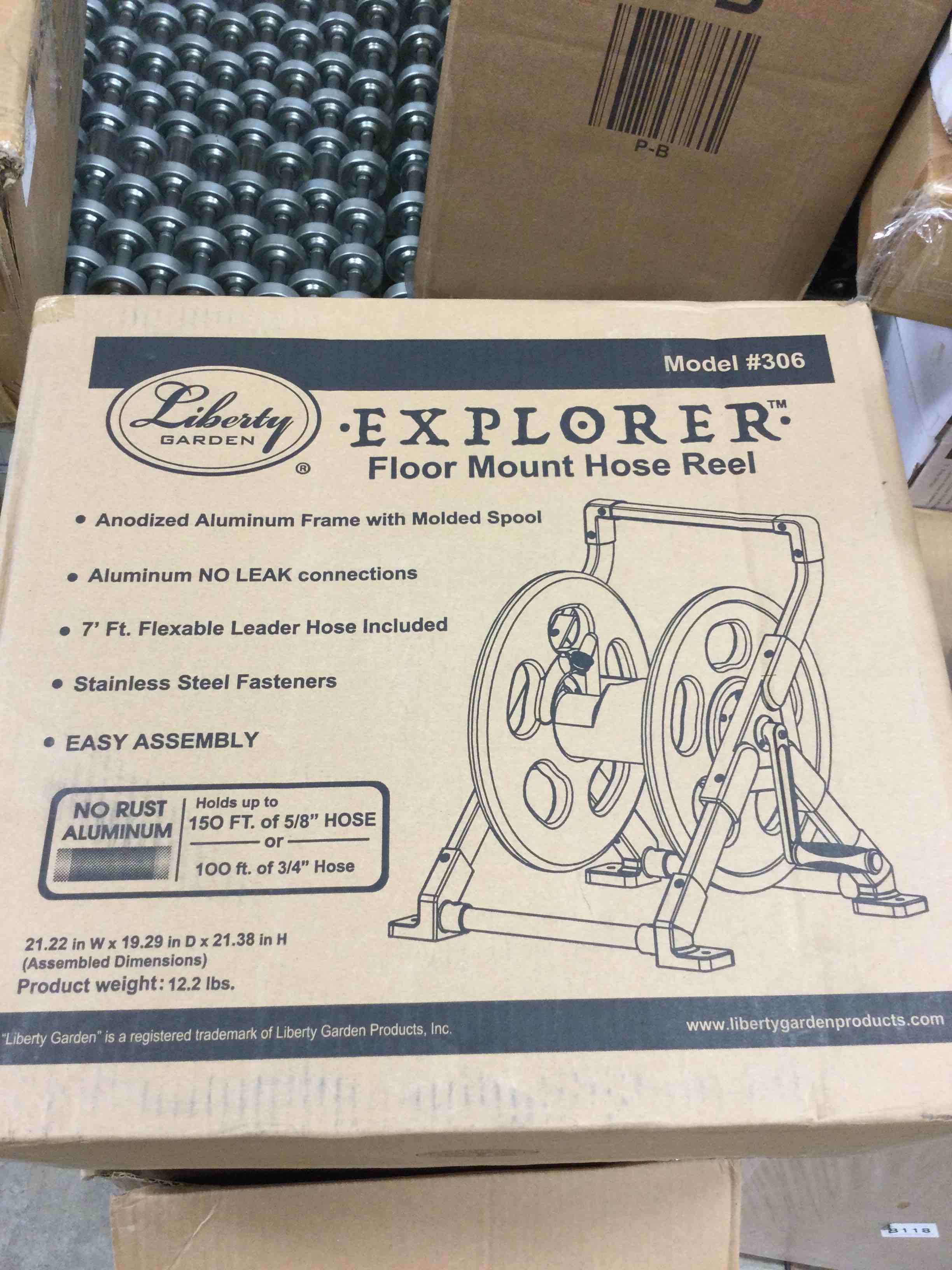 Liberty Garden 306 Explorer Floor or Wall Mount Hose Reel, Aluminum, Holds 150-feet of 5/8-Inch hose, Silver/Black