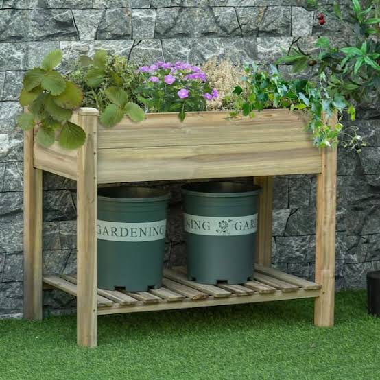 Light Green Wood Raised Garden Bed with Legs and Storage Shelf, Elevated Wood Planter Box