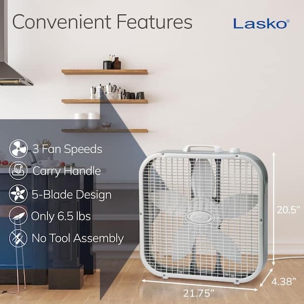 Lasko 20 INCH Box Fan with SAVESMART technology, WHITE