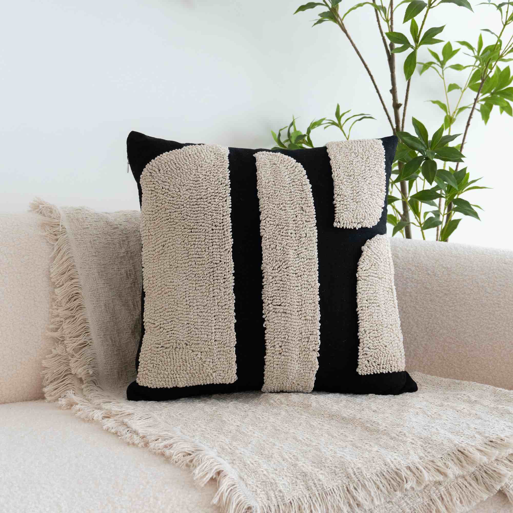 Black White Boho Chunky Tufted Pillow Cover, Neutral Decorative Square Throw Pillow Case, Geometric Woven Modern Sham for Bed Couch Living Room, 18x18 inches, 1PCS