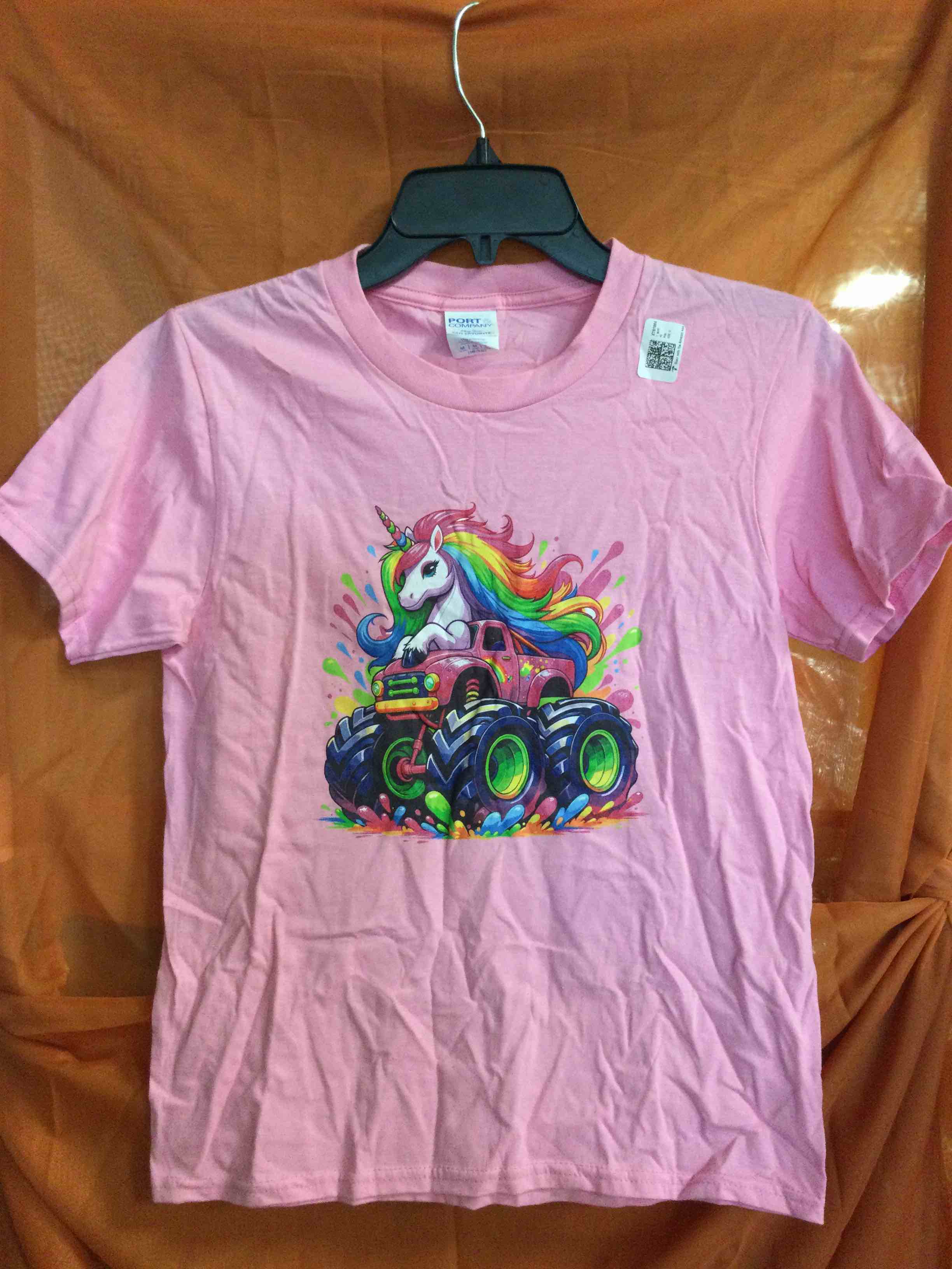 Funny Cute Unicorn Riding A Pink Monster Truck T-Shirt - Youth Medium