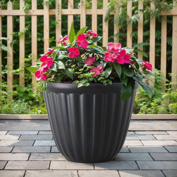 Beck 22 in. Dia x 17.2 in. H Black Resin Indoor/Outdoor Decorative Pot with Drainage Holes