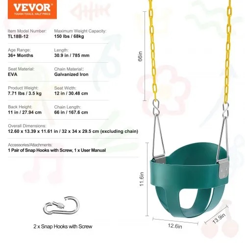 VEVOR Toddler Swing Seat, High Back Full Bucket Baby Swing Seat with Coated Chains and Carabiners, Support 150 lbs Baby Outdoor Swing, Fully Assembled Swing for Toddlers Age 3+, Indoor and Outdoor