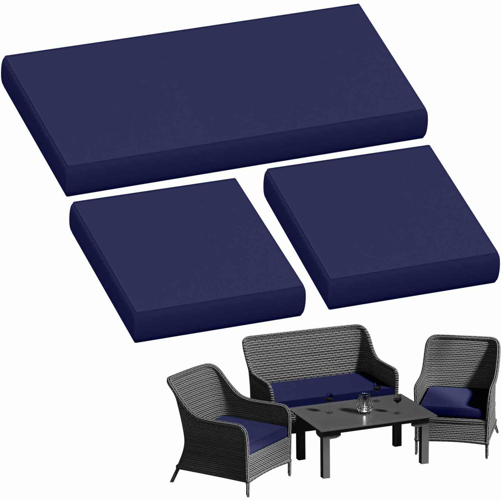 3 Pack Outdoor Patio Seat Cushions, Weather and Fade Resistant, Navy Blue, 3 in Thick High Density Foam