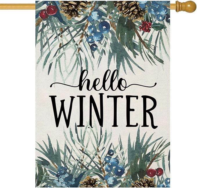 Hello Winter House Flags for Outdoor Decoration, Pine Twigs Large Yard Flag, Decorative Christmas Xmas Seasonal Farmhouse Holiday Outside Decor 28x40 Inch Vertical Double Sided